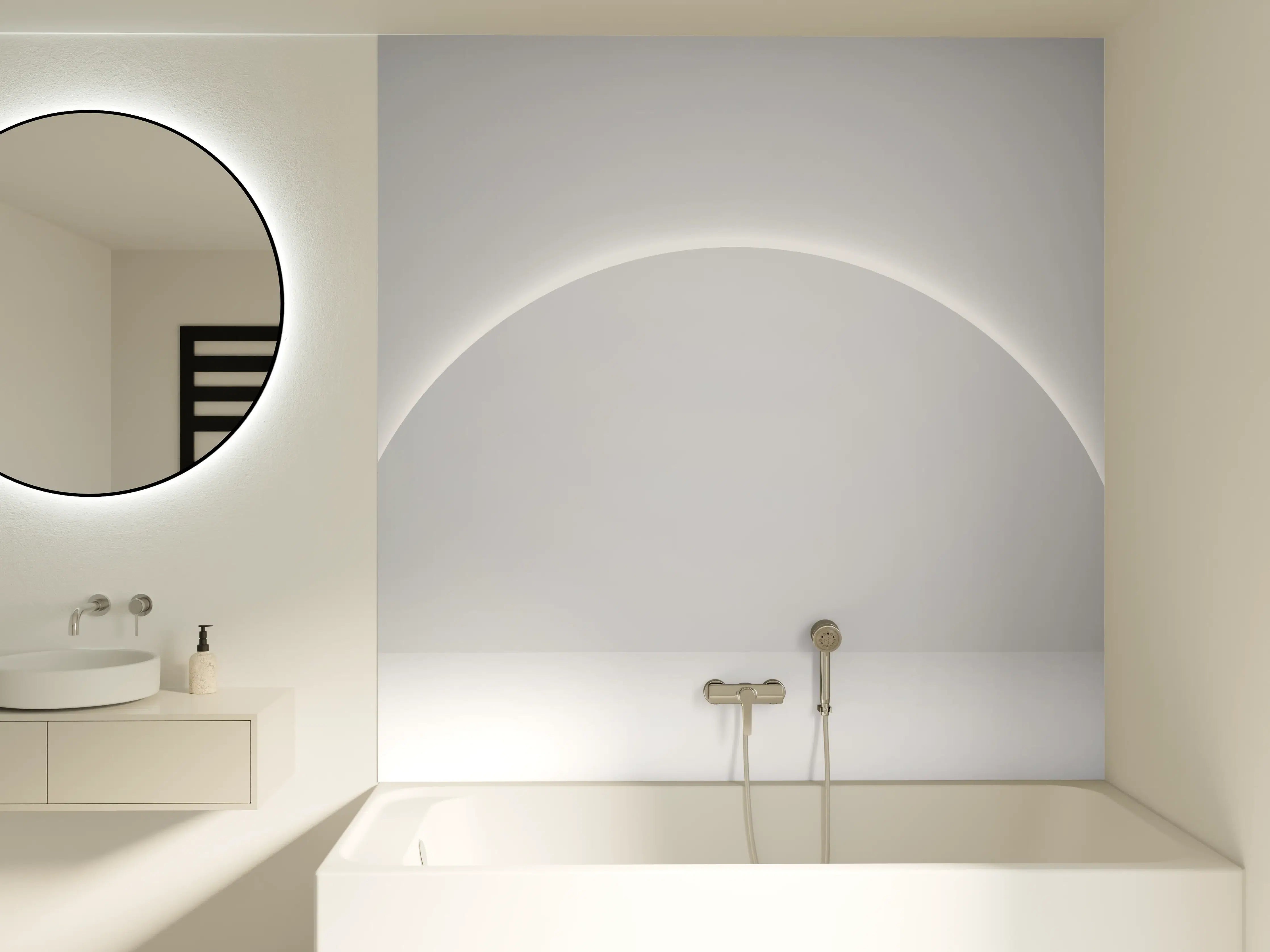 Badewannen-Rückwand - Minimalistischer Weiß-Grauer Sockel
