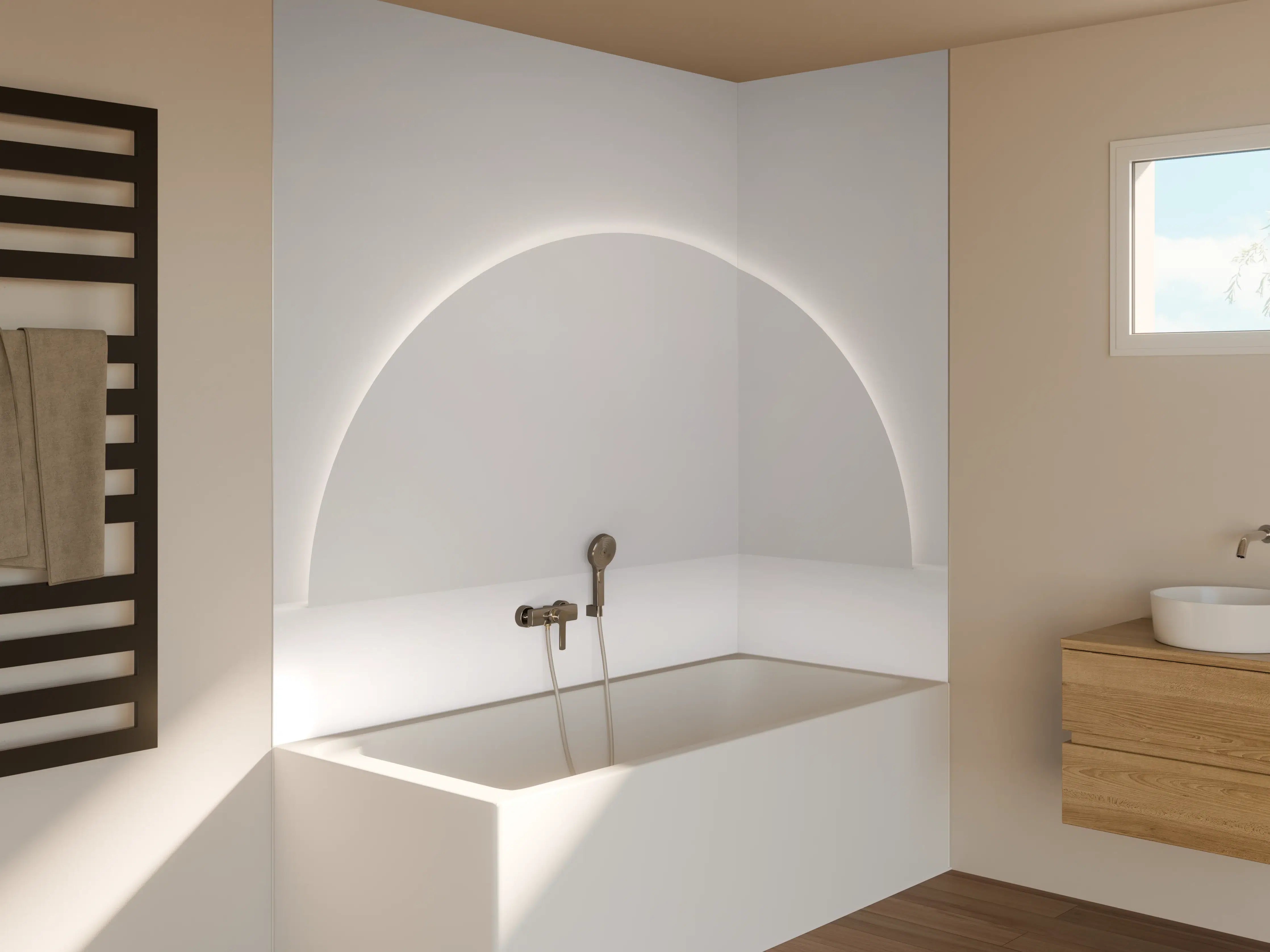 Badewannen-Rückwand - Minimalistischer Weiß-Grauer Sockel