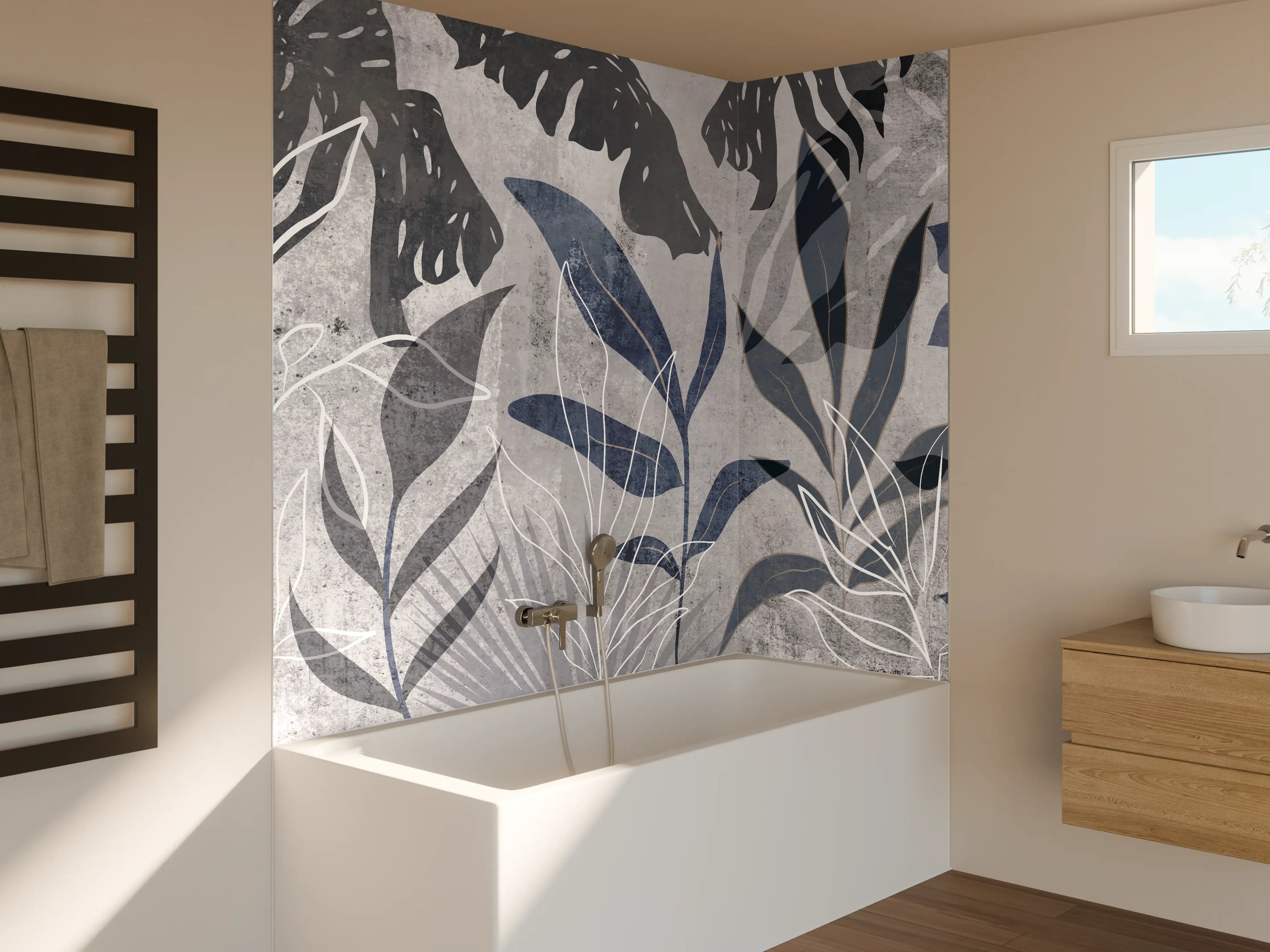 Badewannen-Rückwand - Moderne Botanik Grau-Weiß