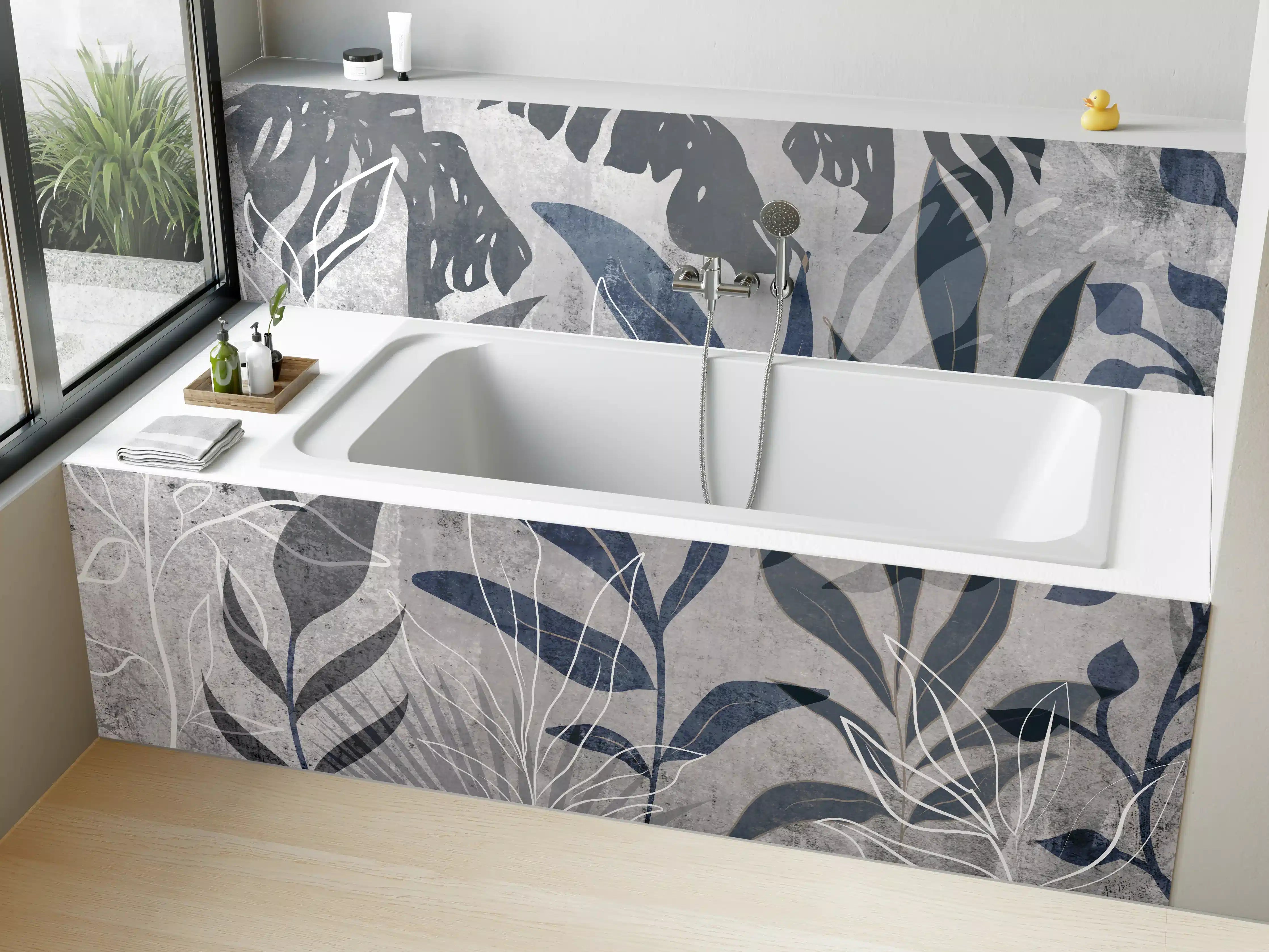 Badewannen-Rückwand - Moderne Botanik Grau-Weiß