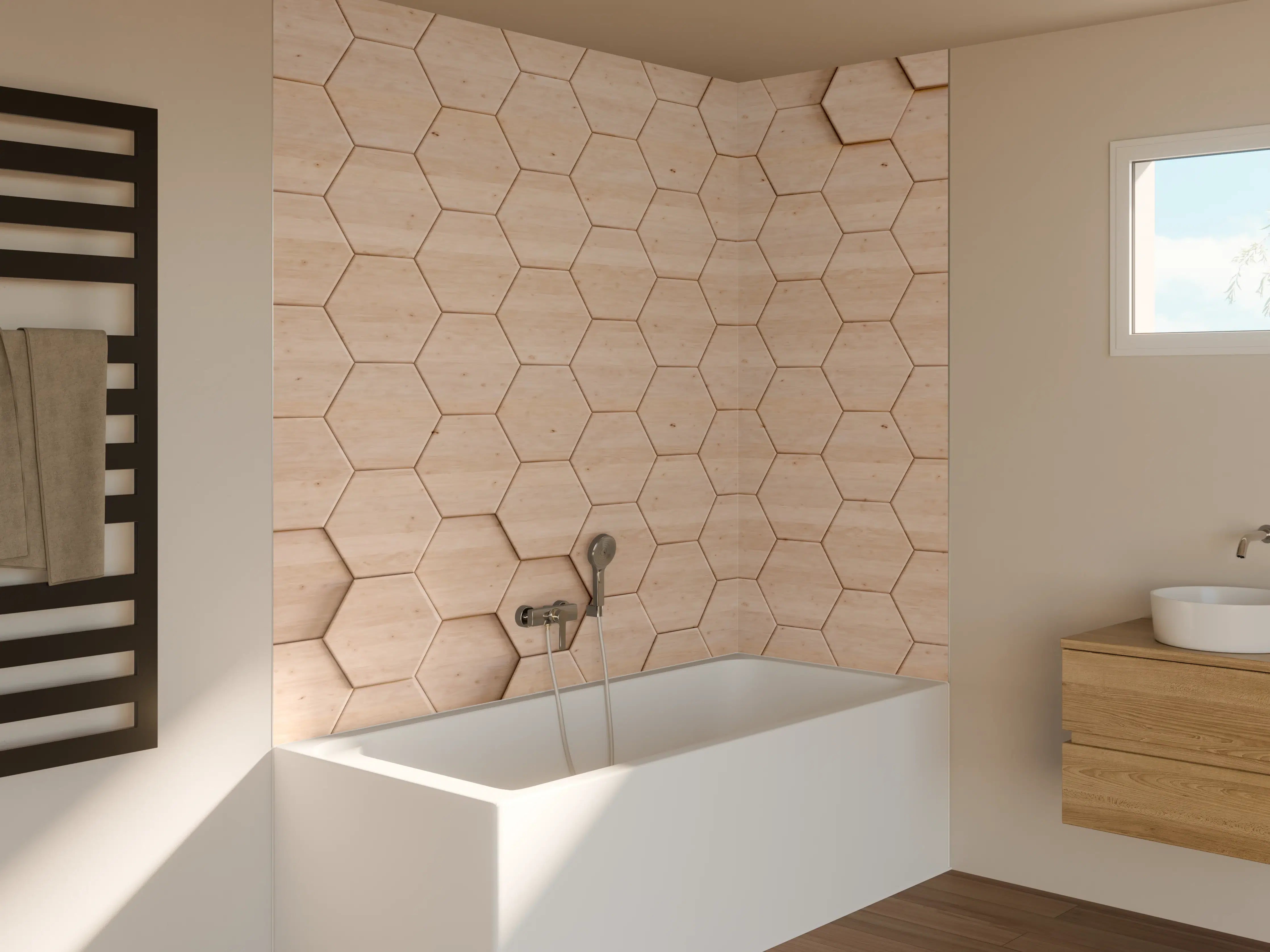Badewannen-Rückwand - Moderne Holzwand mit Hexagon-Design in Nude-Tönen