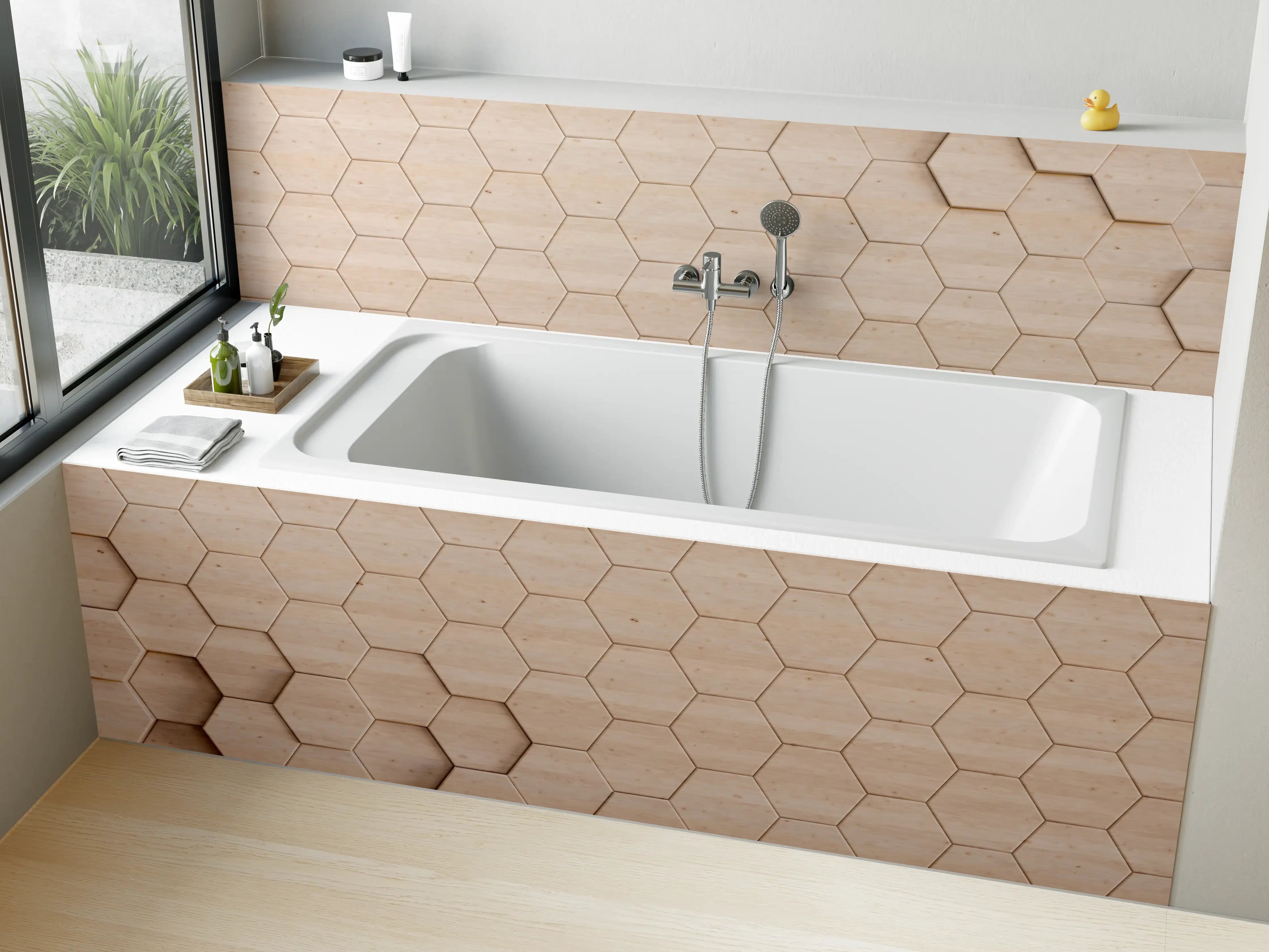 Badewannen-Rückwand - Moderne Holzwand mit Hexagon-Design in Nude-Tönen
