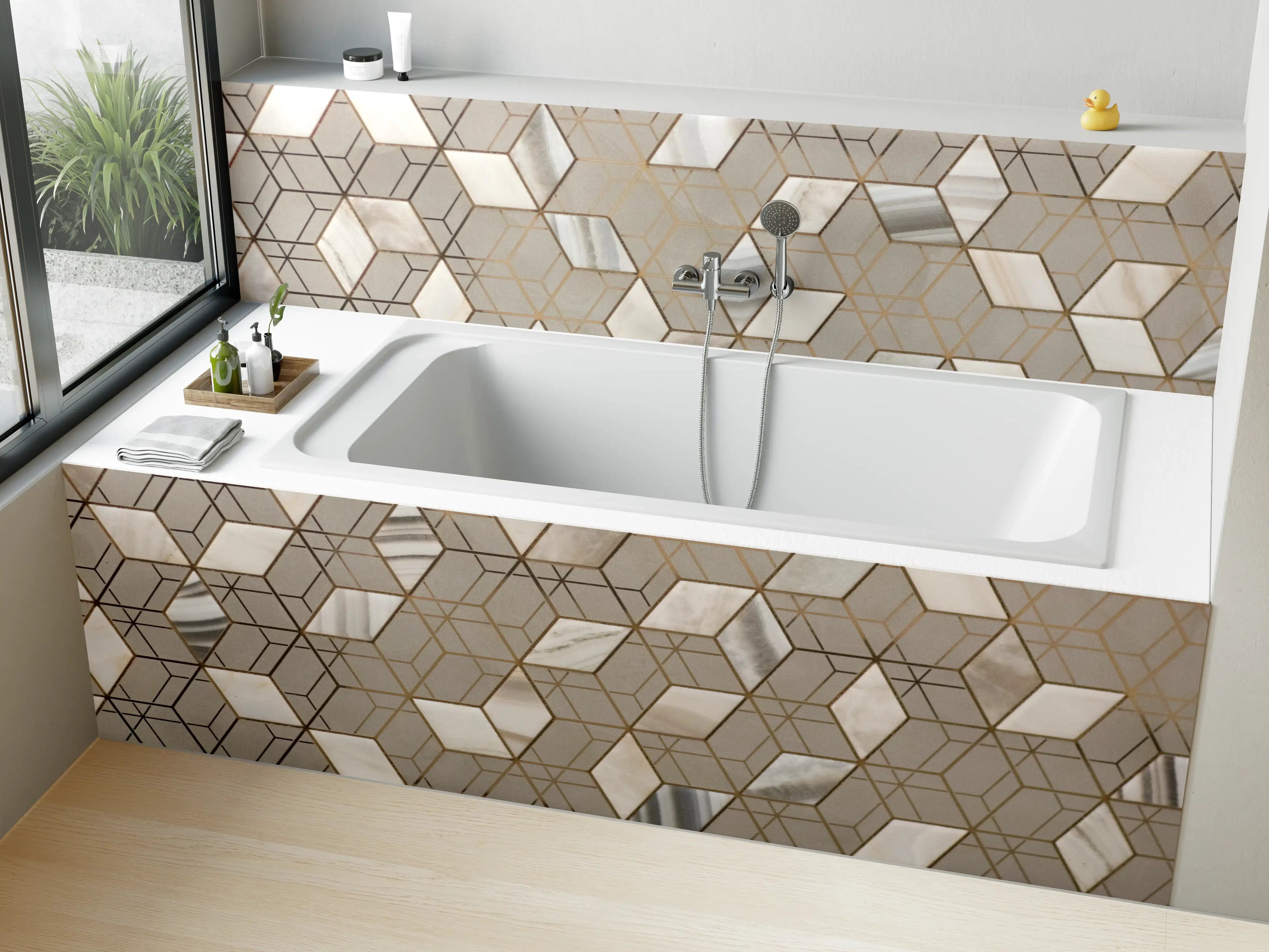 Badewannen-Rückwand - Moderne Mosaik-Fliesen mit neutralen Tönen