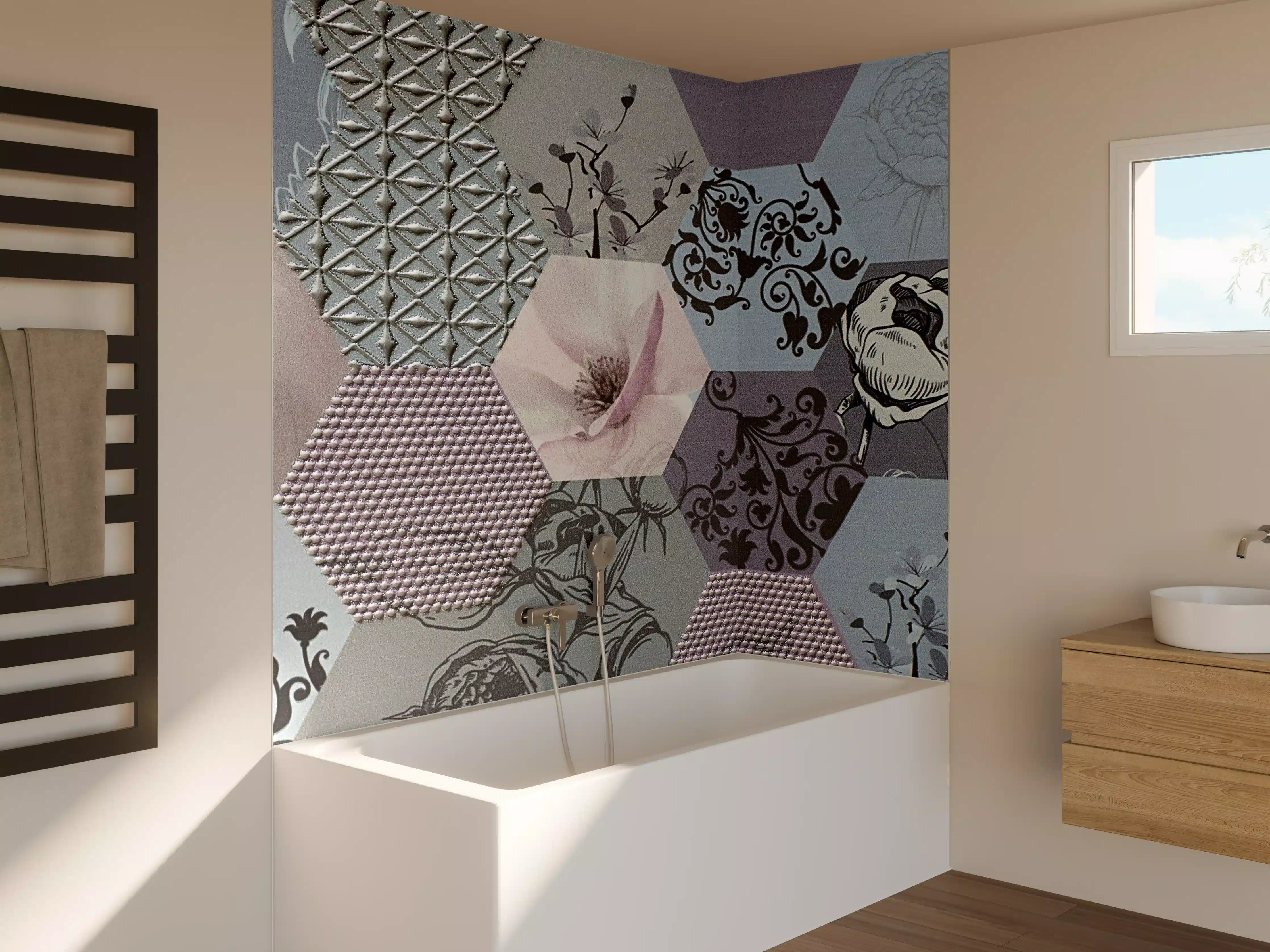 Badewannen-Rückwand - Moderne Mustertapete in gedeckten Tönen