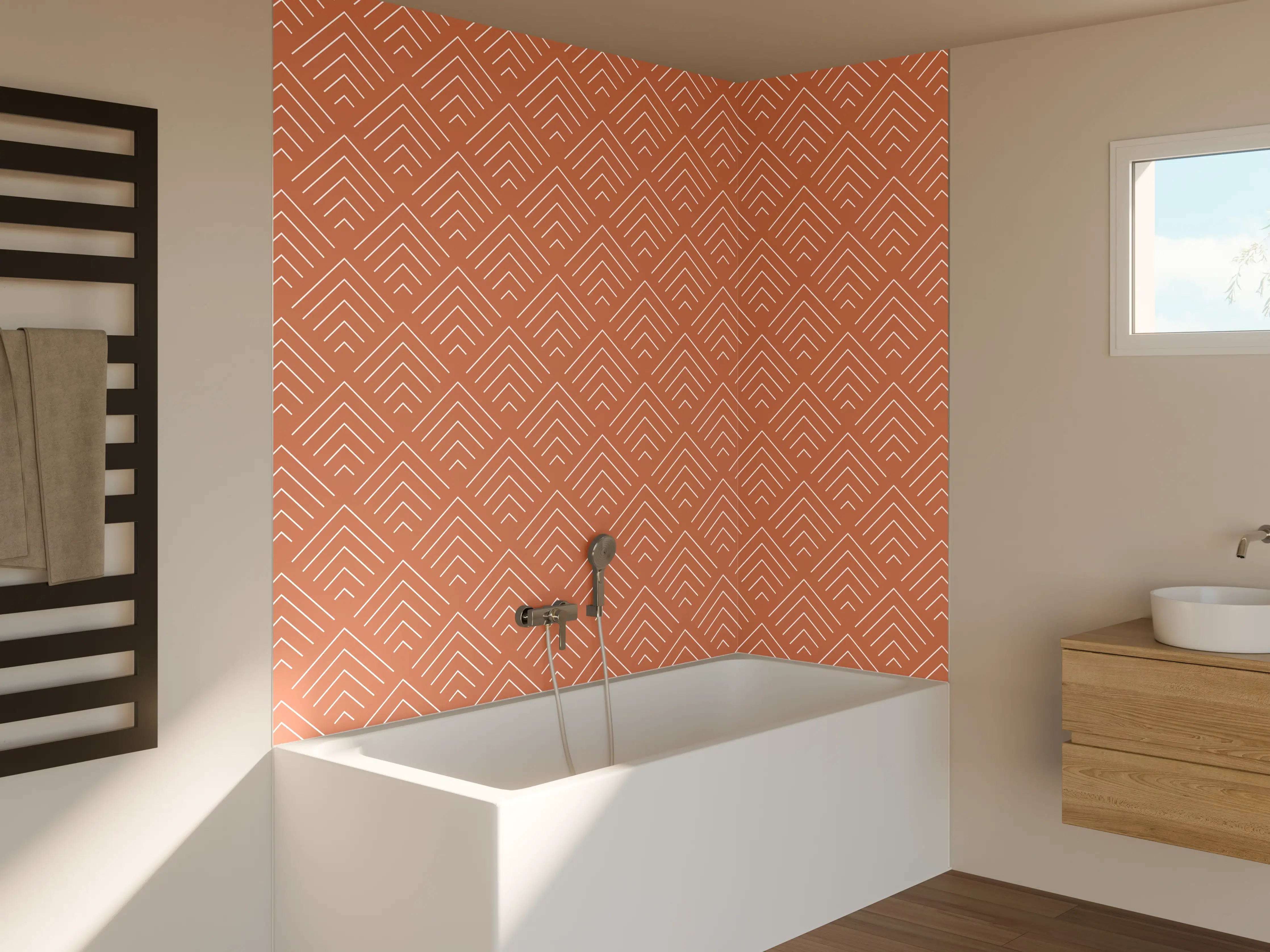 Badewannen-Rückwand - Moderne Tapete mit geometrischem Muster in warmem Terrakotta