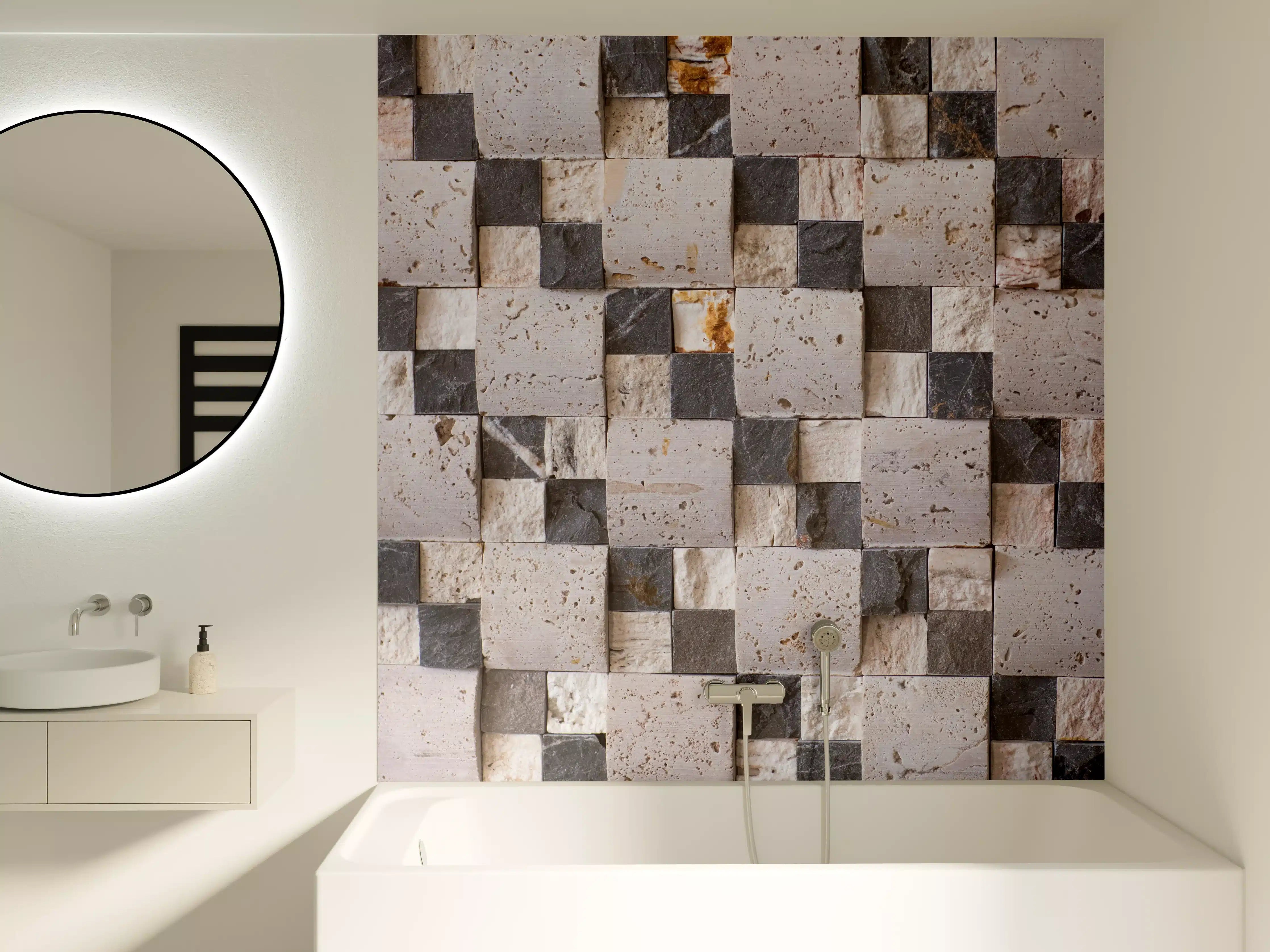 Badewannen-Rückwand - Moderne Wandgestaltung mit Mauersteinen in Grau und Beige