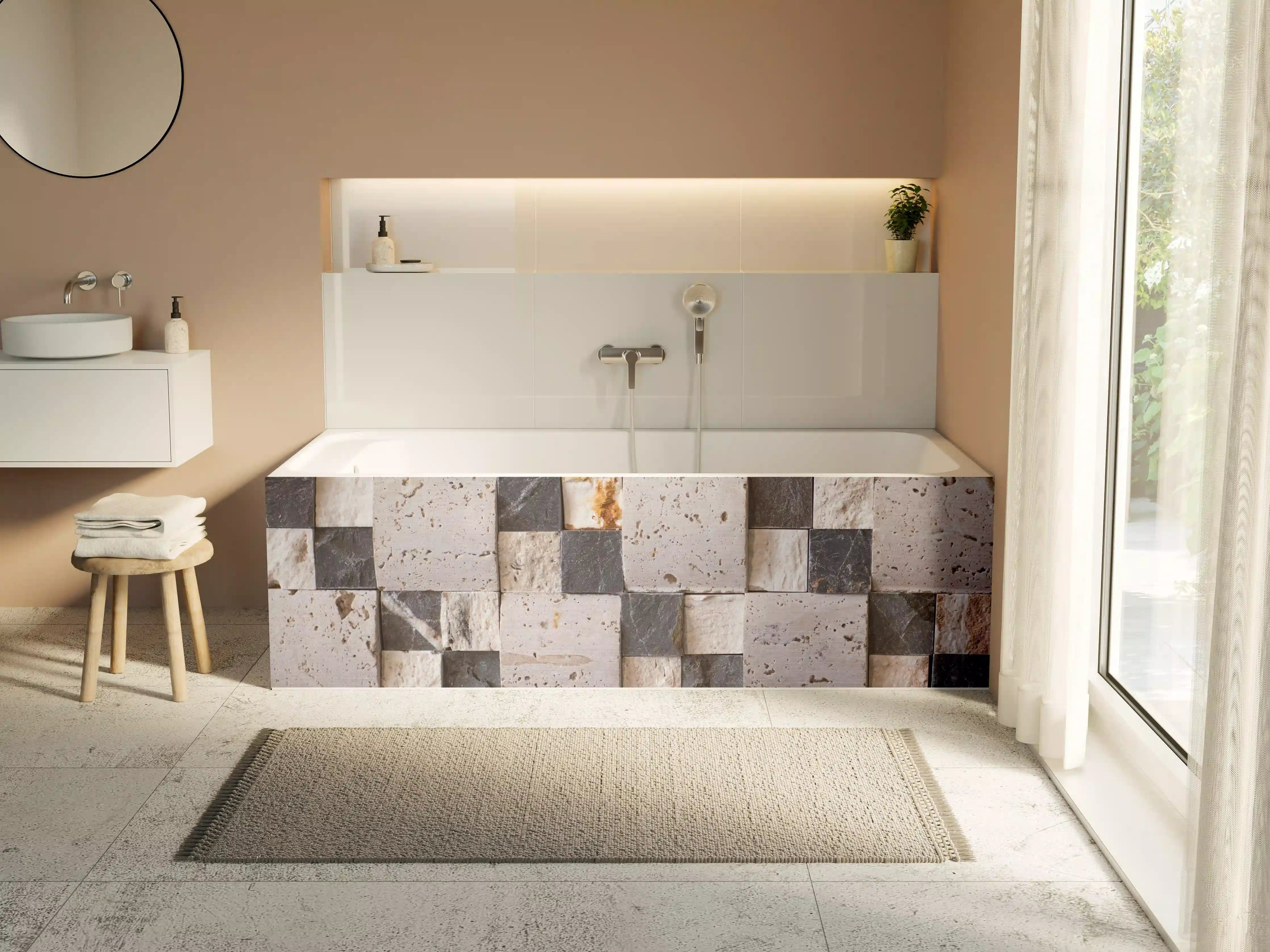 Badewannen-Rückwand - Moderne Wandgestaltung mit Mauersteinen in Grau und Beige