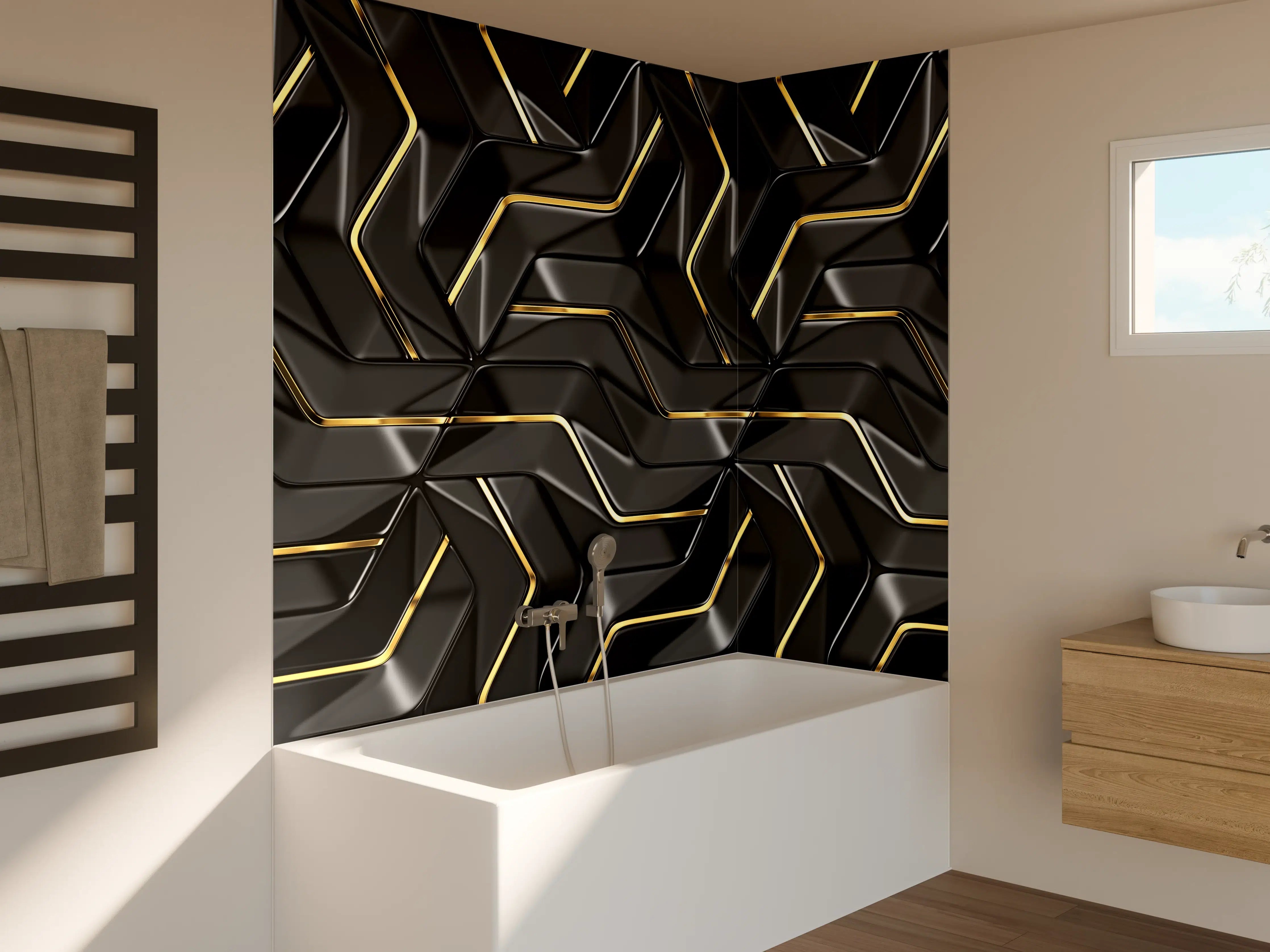 Badewannen-Rückwand - Moderne Wandtextur - schwarz-gold