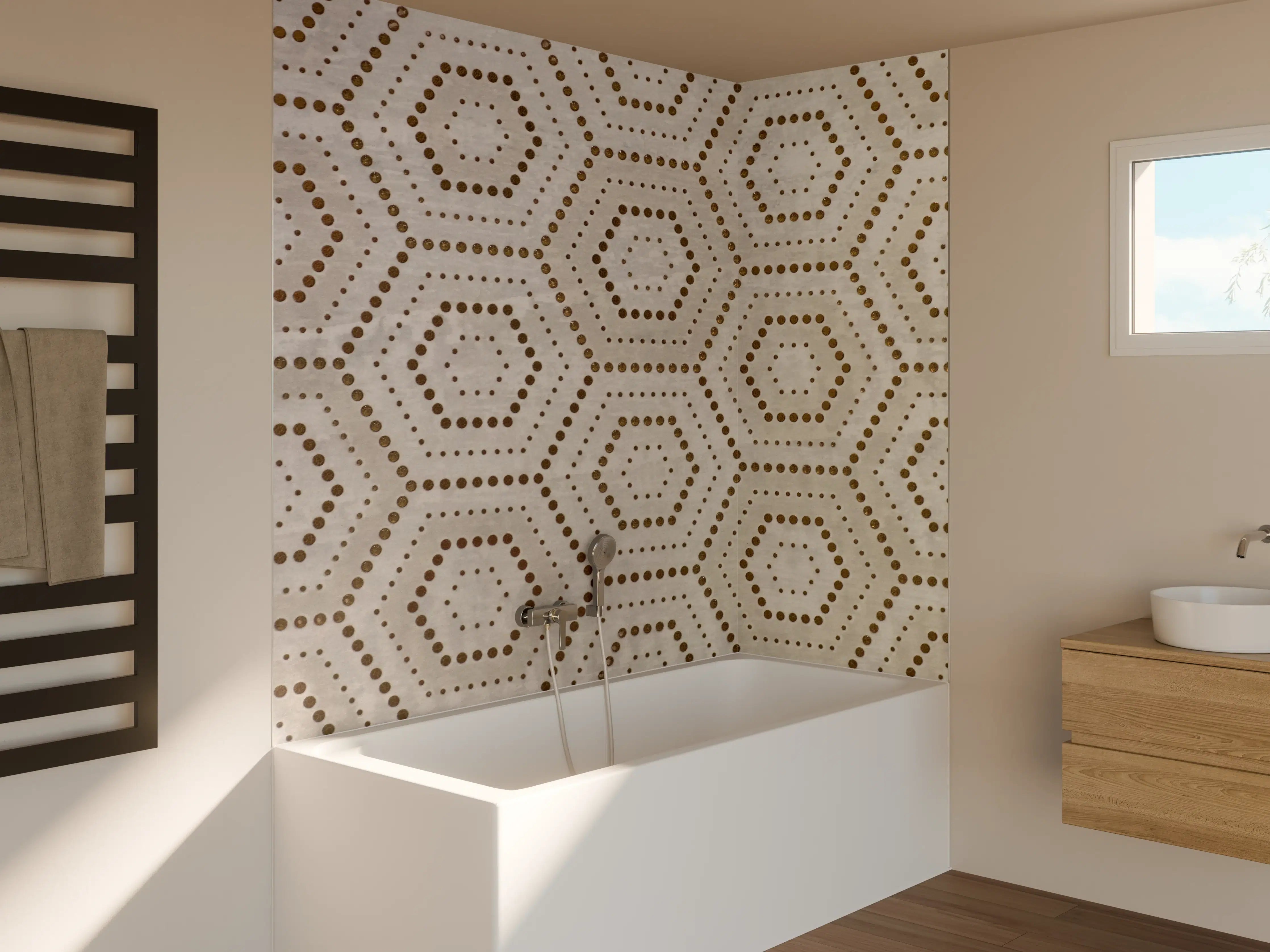 Badewannen-Rückwand - Moderne beige Struktur mit geometrischen Mustern
