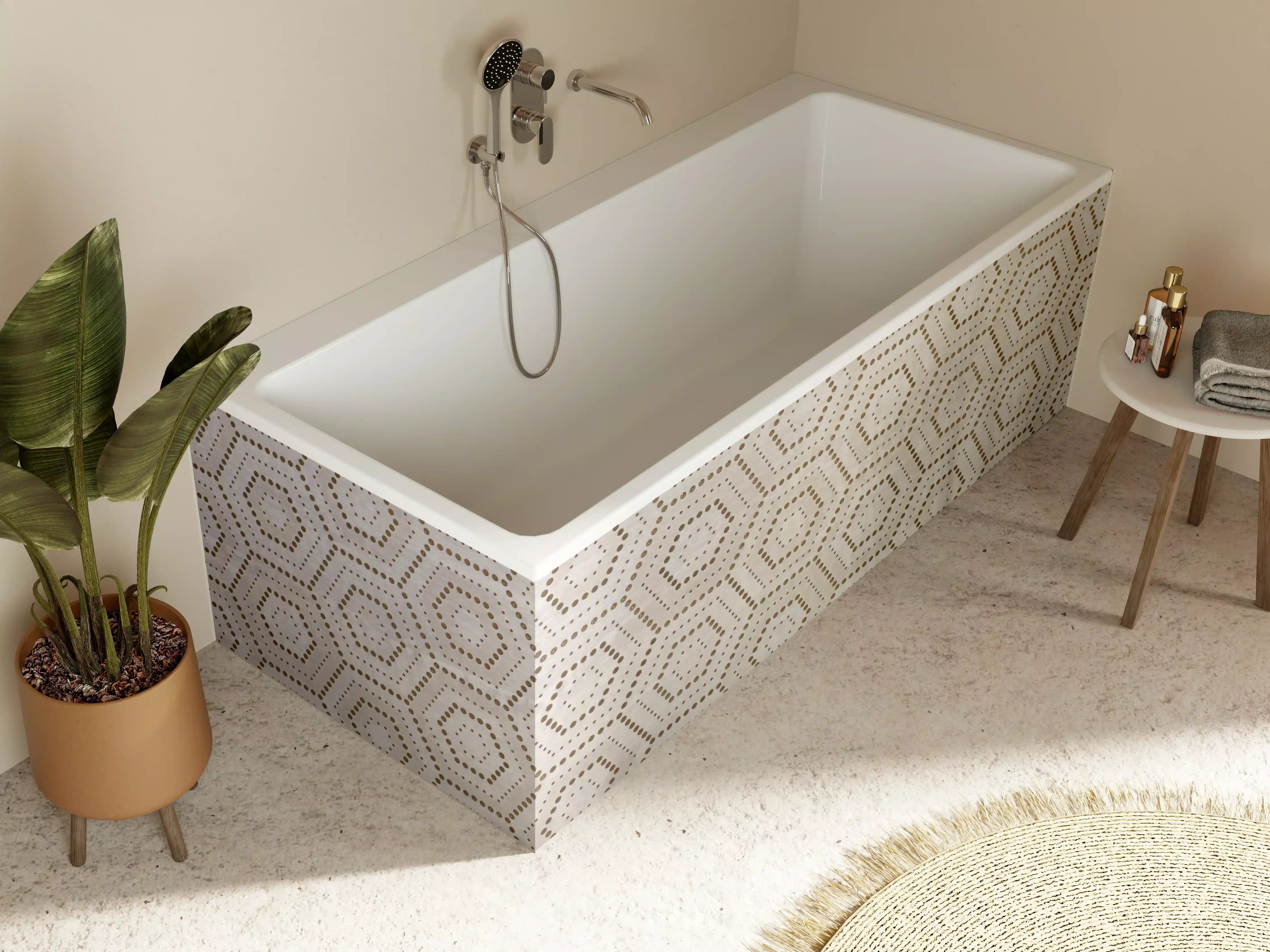 Badewannen-Rückwand - Moderne beige Struktur mit geometrischen Mustern