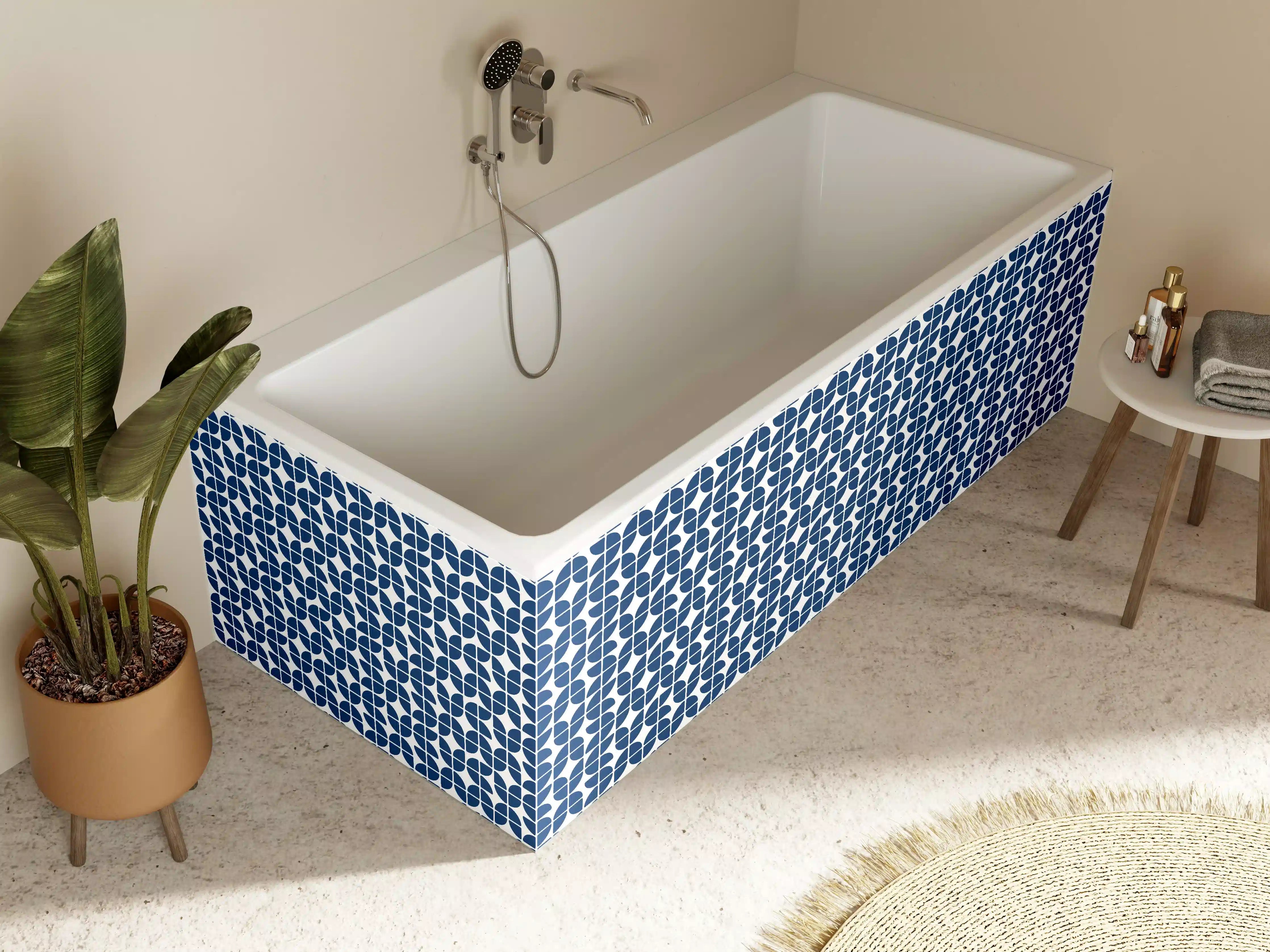 Badewannen-Rückwand - Moderne blaue Fliesenmuster, geometrisch, dunkelblau wachsend