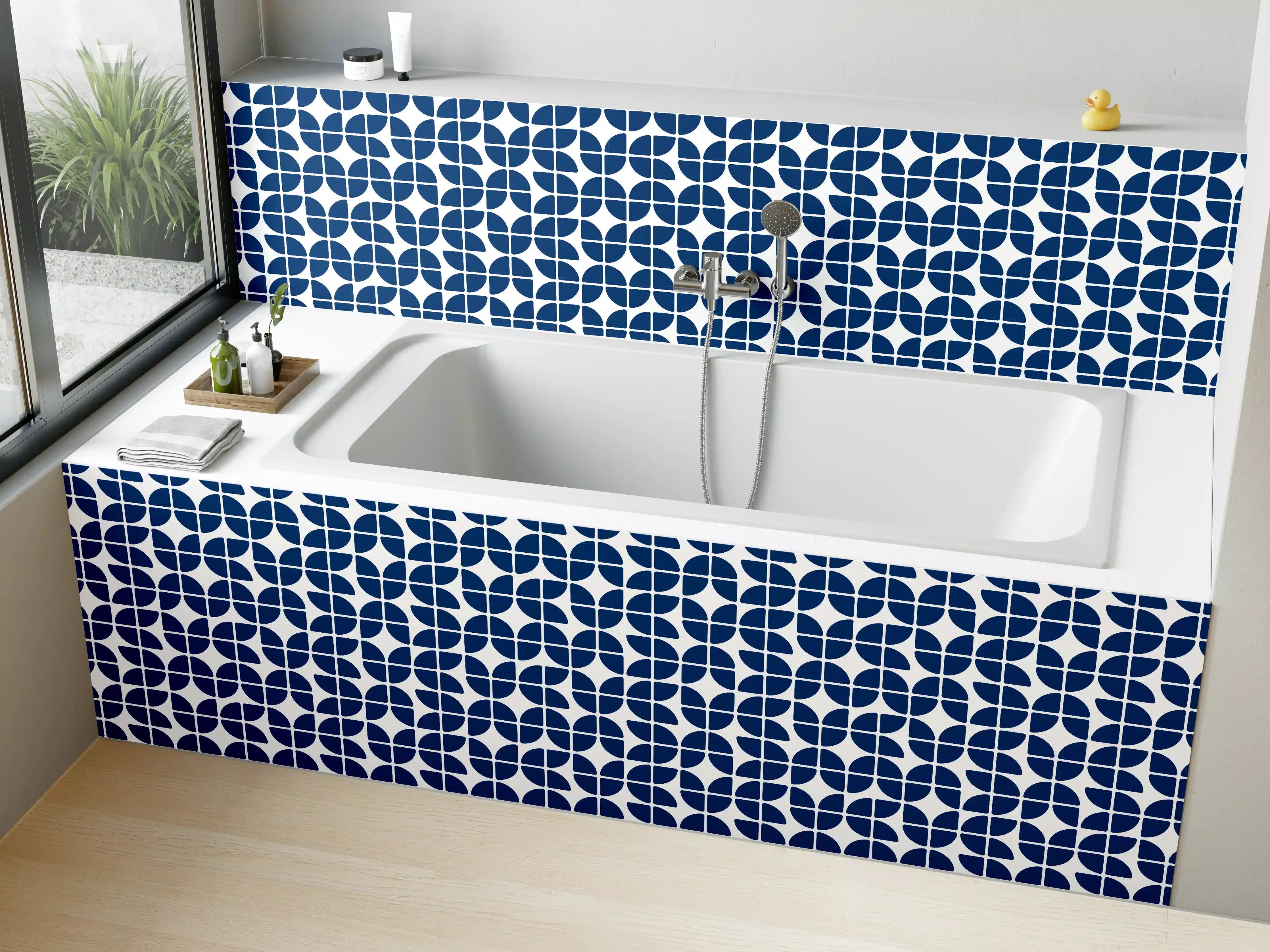 Badewannen-Rückwand - Moderne blaue Fliesenmuster, geometrisch, dunkelblau wachsend