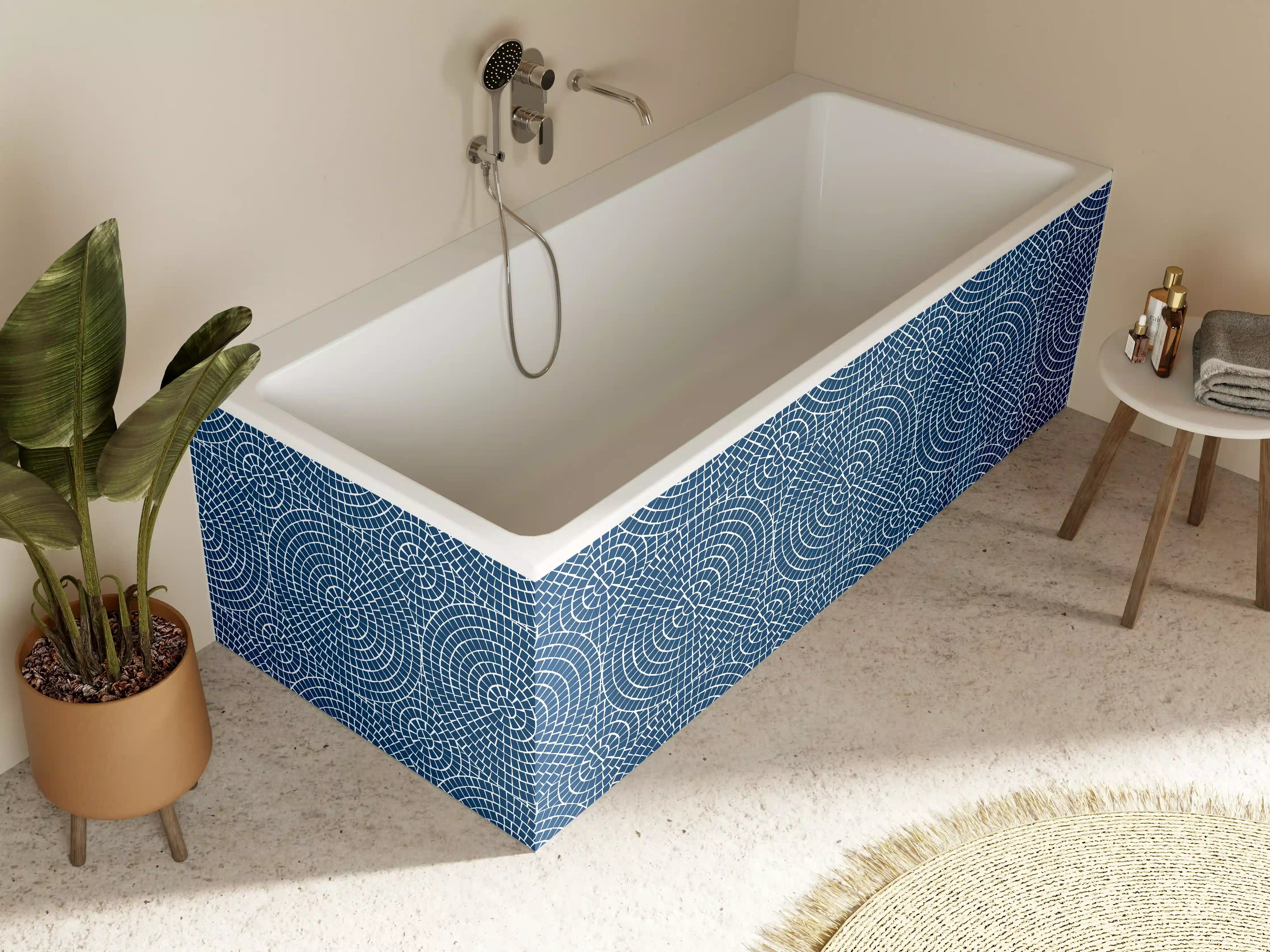 Badewannen-Rückwand - Moderne blaue Geometrie mit Kreismustern