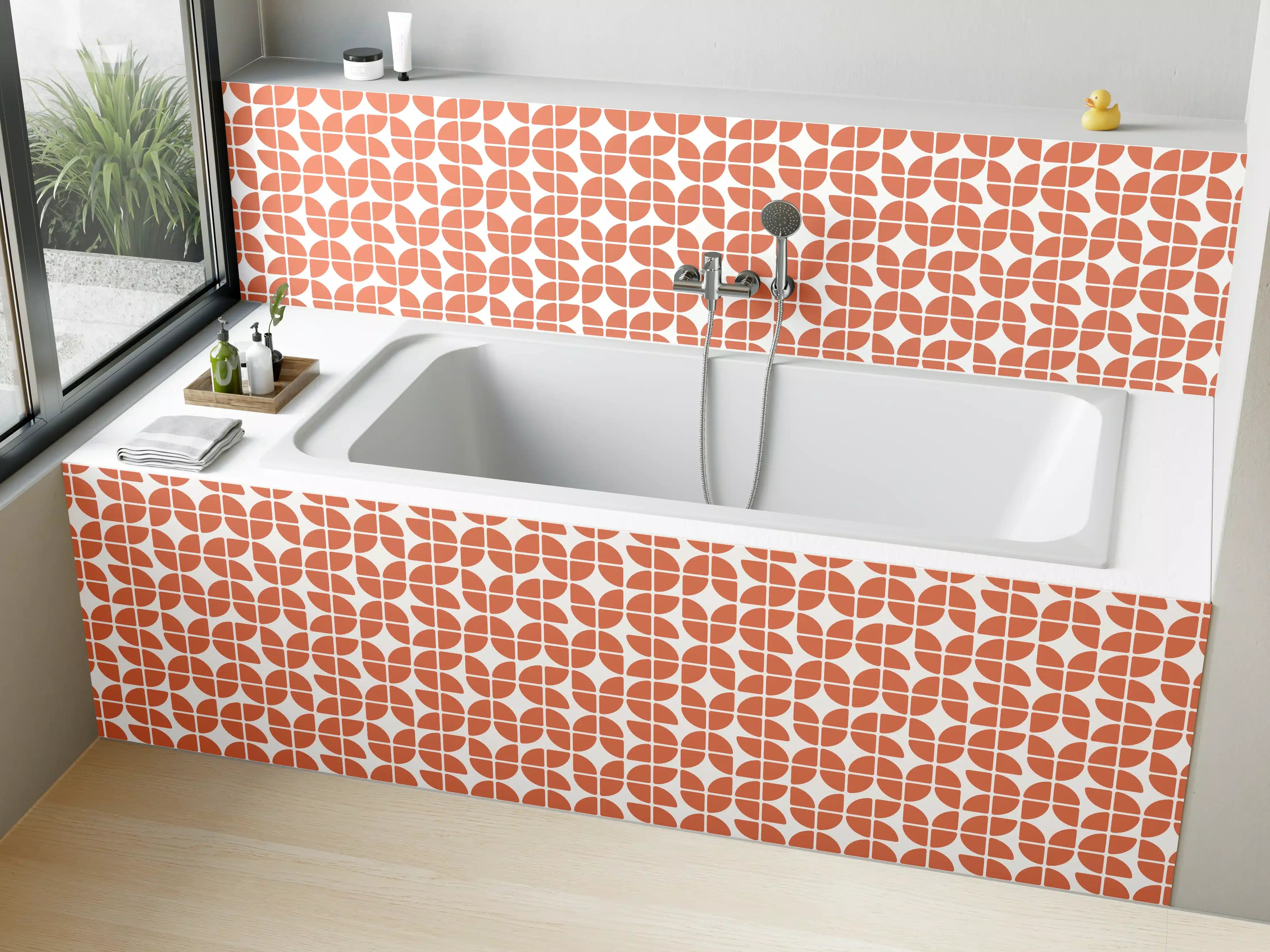 Badewannen-Rückwand - Moderne geometrische Fliesenmuster in Warmtönen