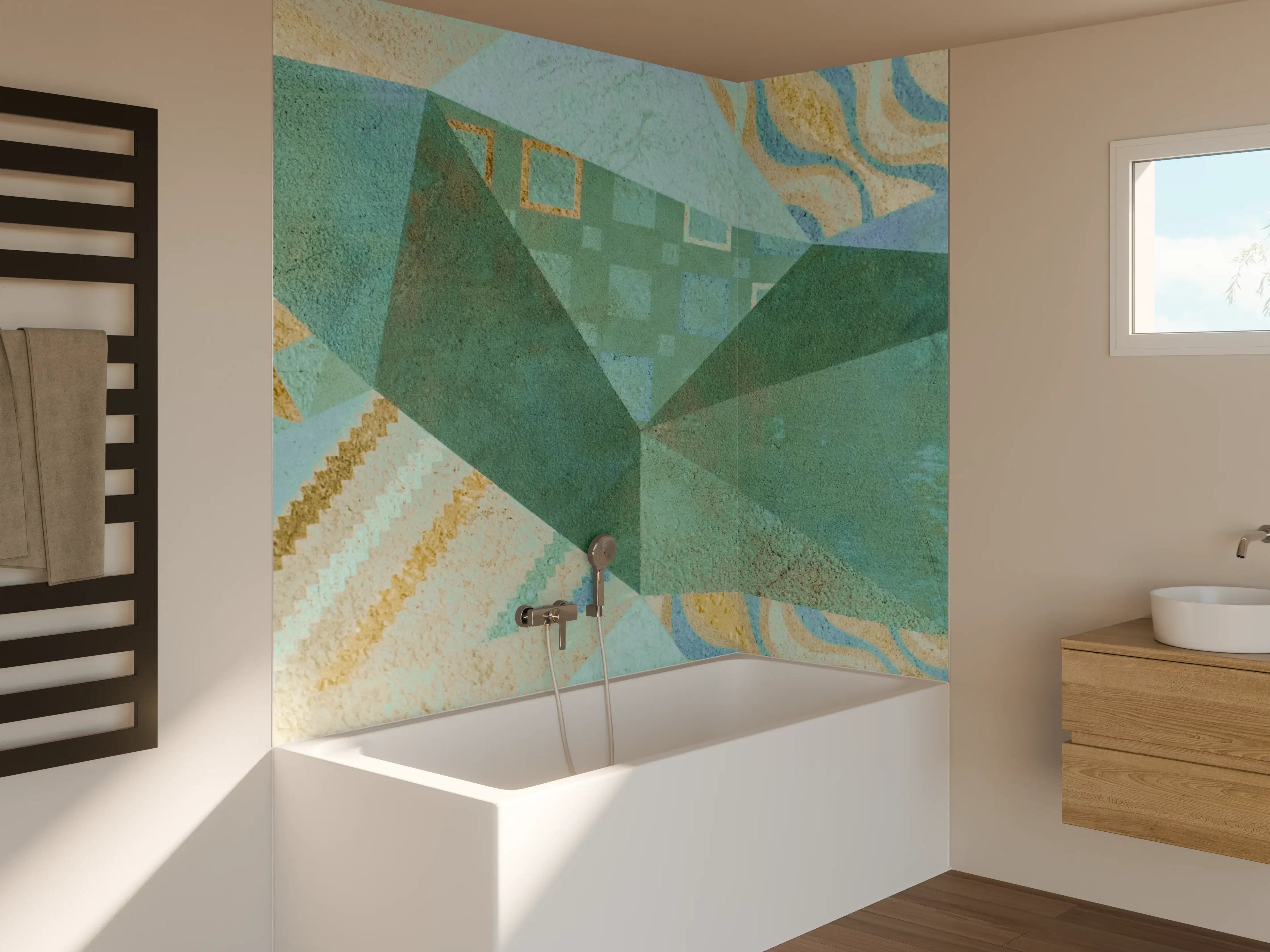 Badewannen-Rückwand - Moderne geometrische Muster in Blau- und Grautönen