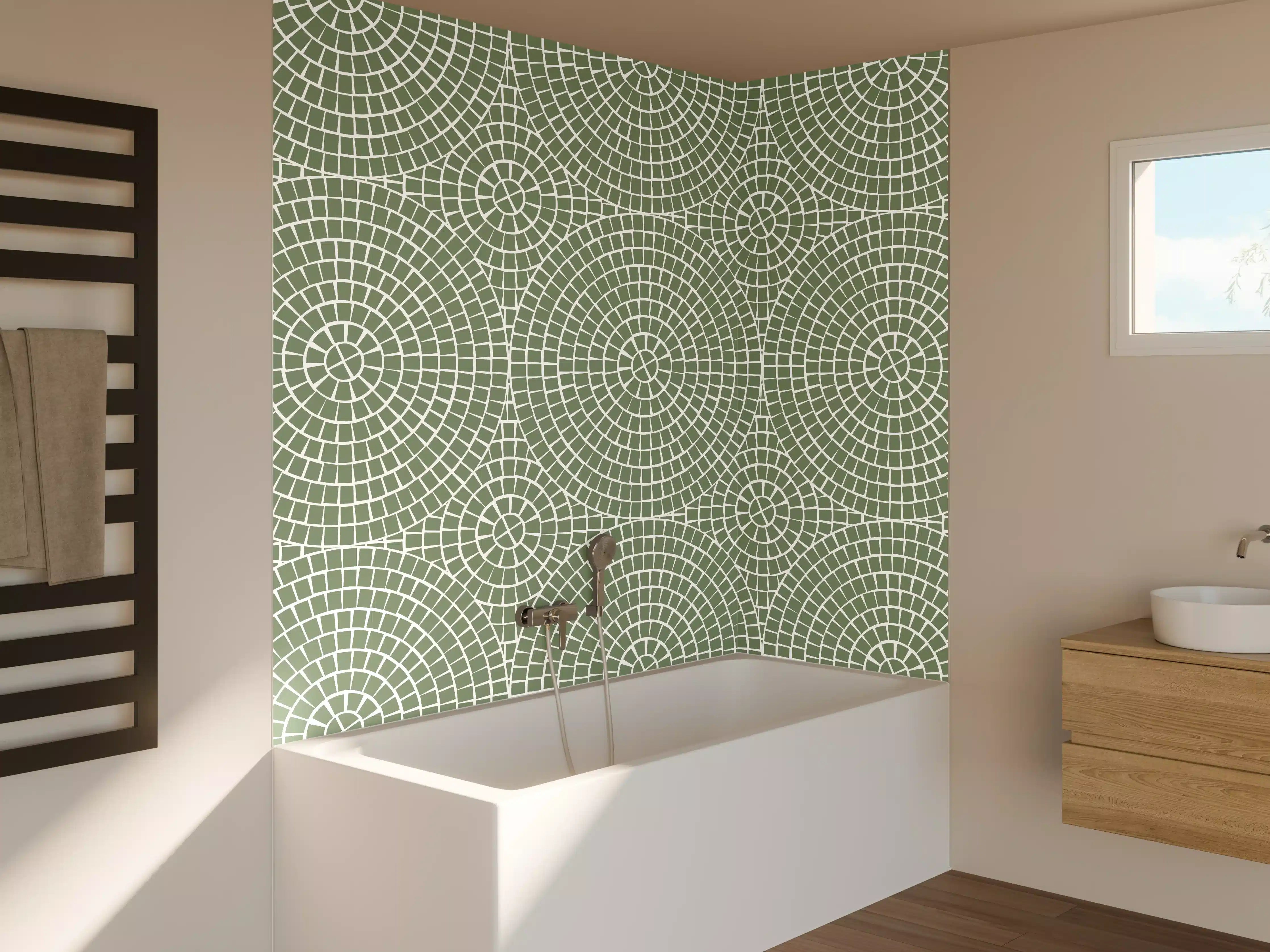Badewannen-Rückwand - Moderne geometrische Muster in sanften Grüntönen