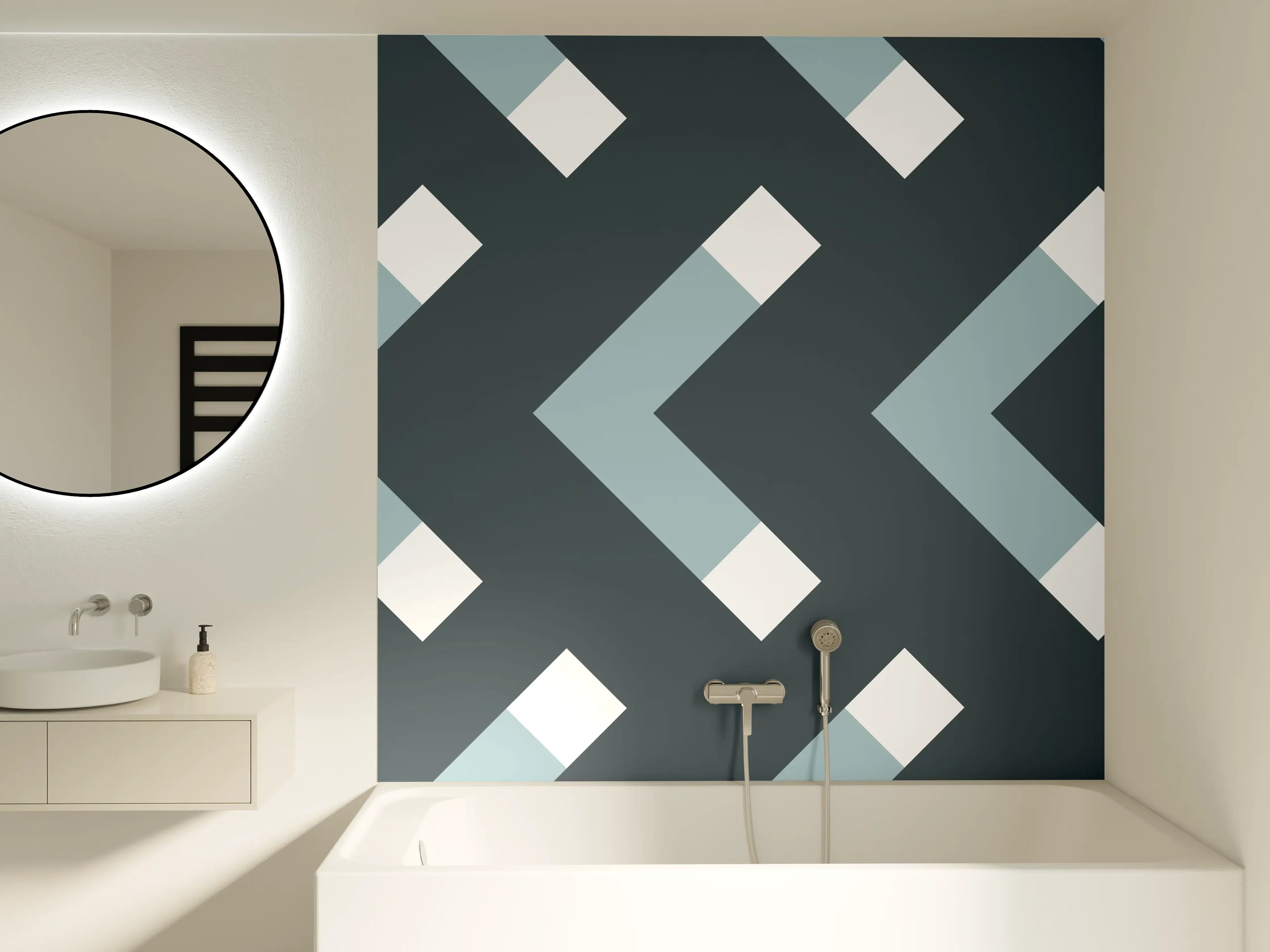 Badewannen-Rückwand - Moderne geometrische Tapete in Grau-Blau