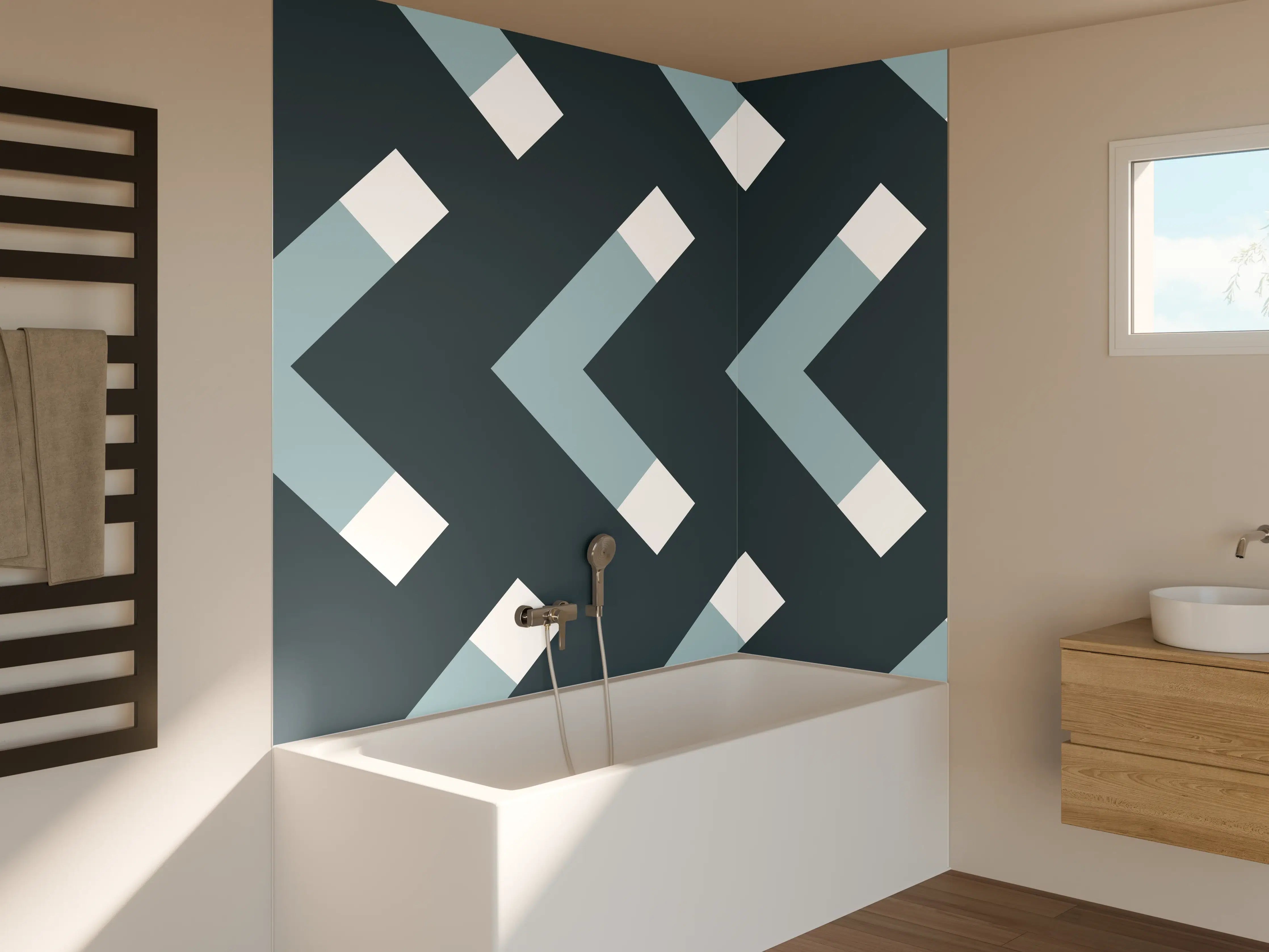 Badewannen-Rückwand - Moderne geometrische Tapete in Grau-Blau