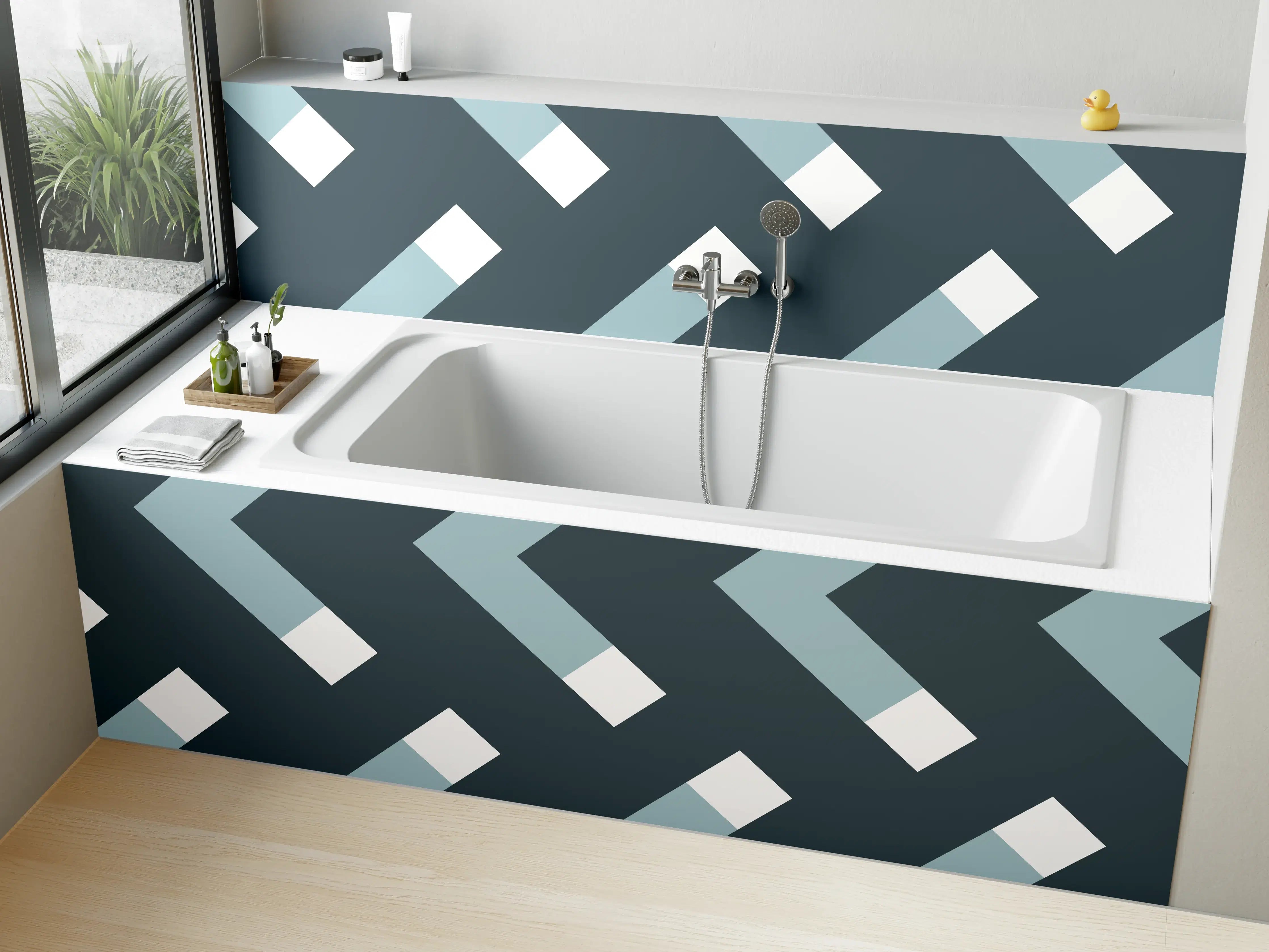 Badewannen-Rückwand - Moderne geometrische Tapete in Grau-Blau