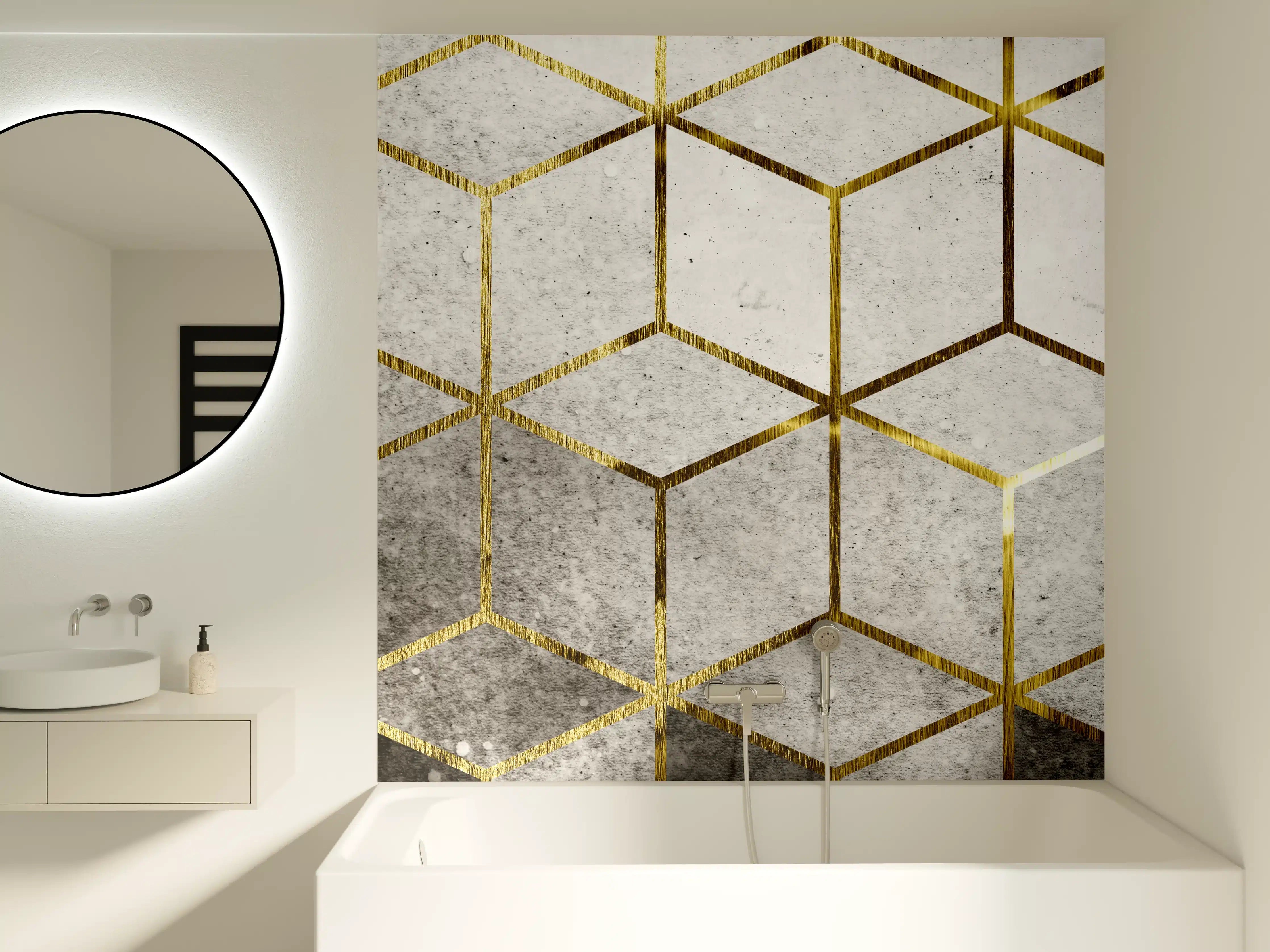 Badewannen-Rückwand - Moderne geometrische Wandgestaltung in Grau und Gold