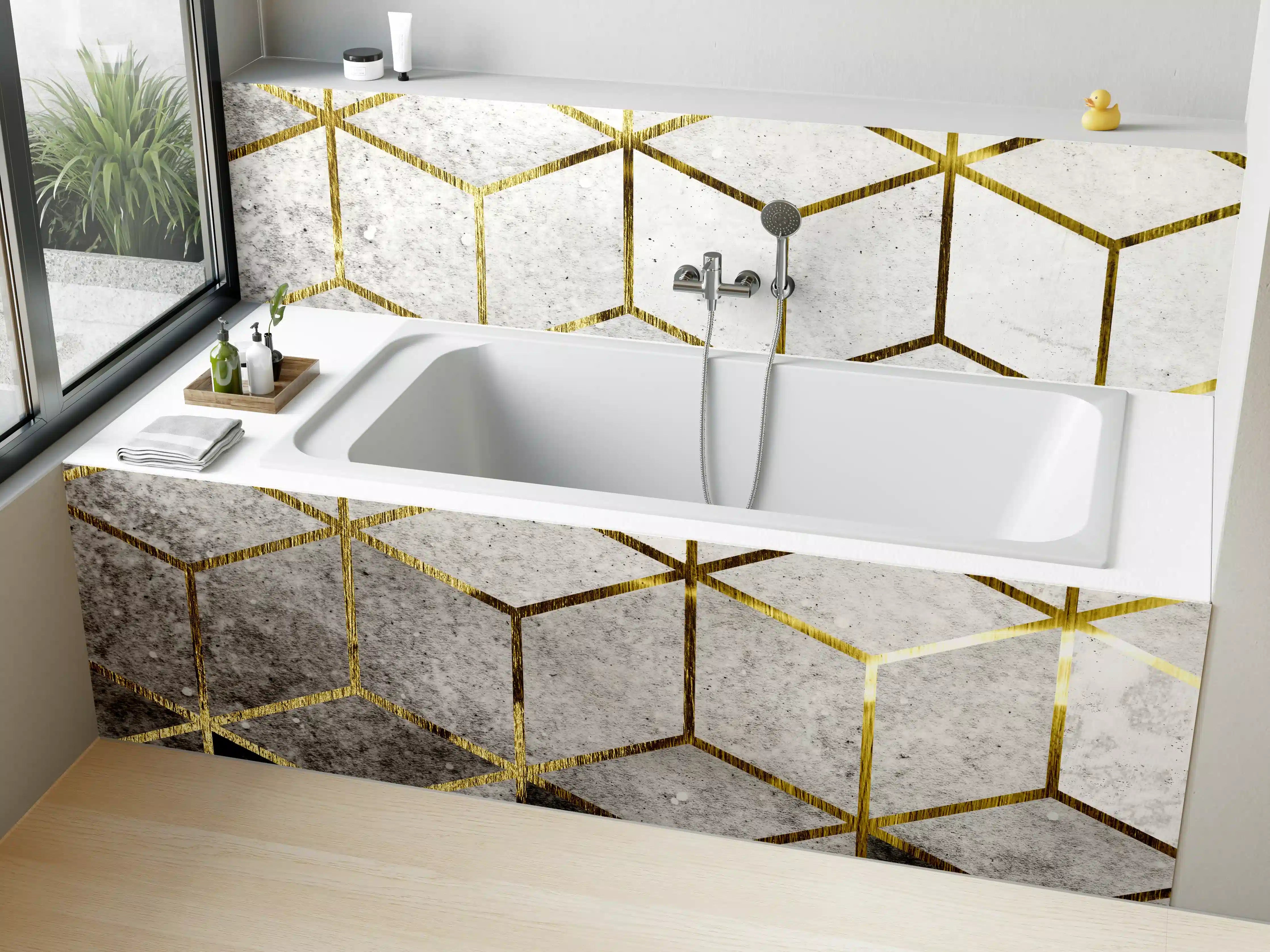 Badewannen-Rückwand - Moderne geometrische Wandgestaltung in Grau und Gold