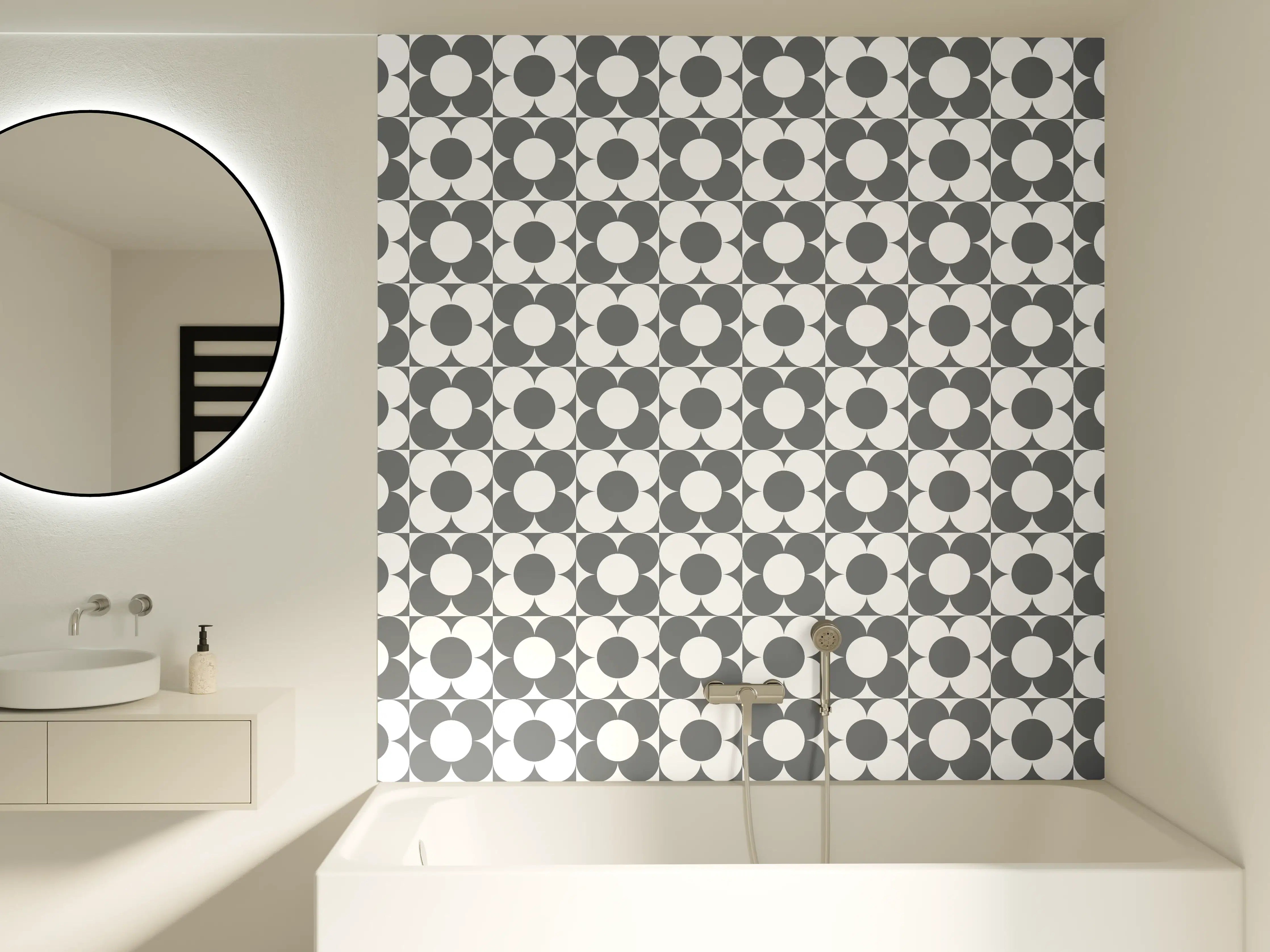 Badewannen-Rückwand - Moderne geometrische Wandgestaltung in Grau und Weiß
