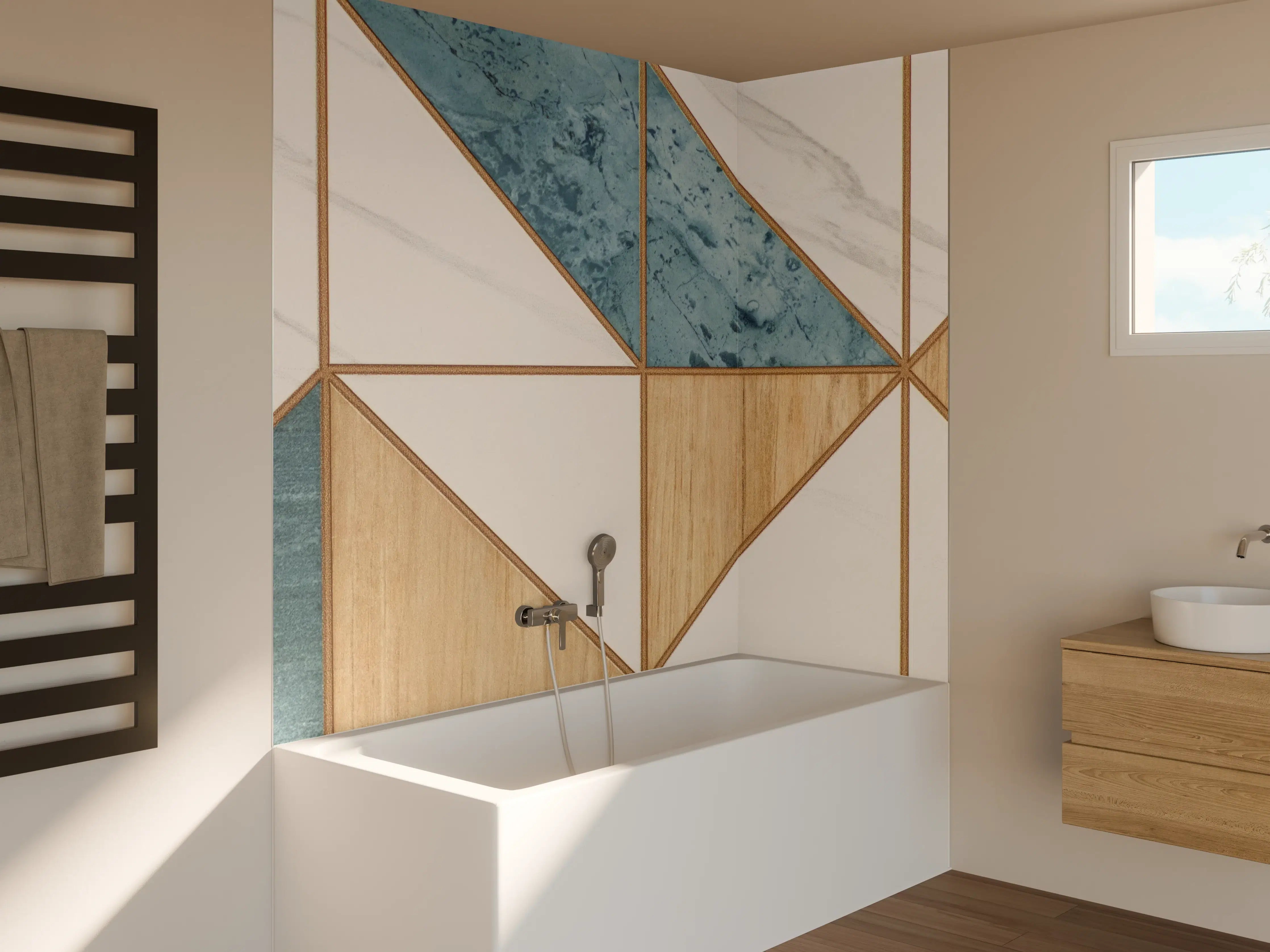 Badewannen-Rückwand - Moderne geometrische Wandgestaltung in Holz- und Marmoroptik