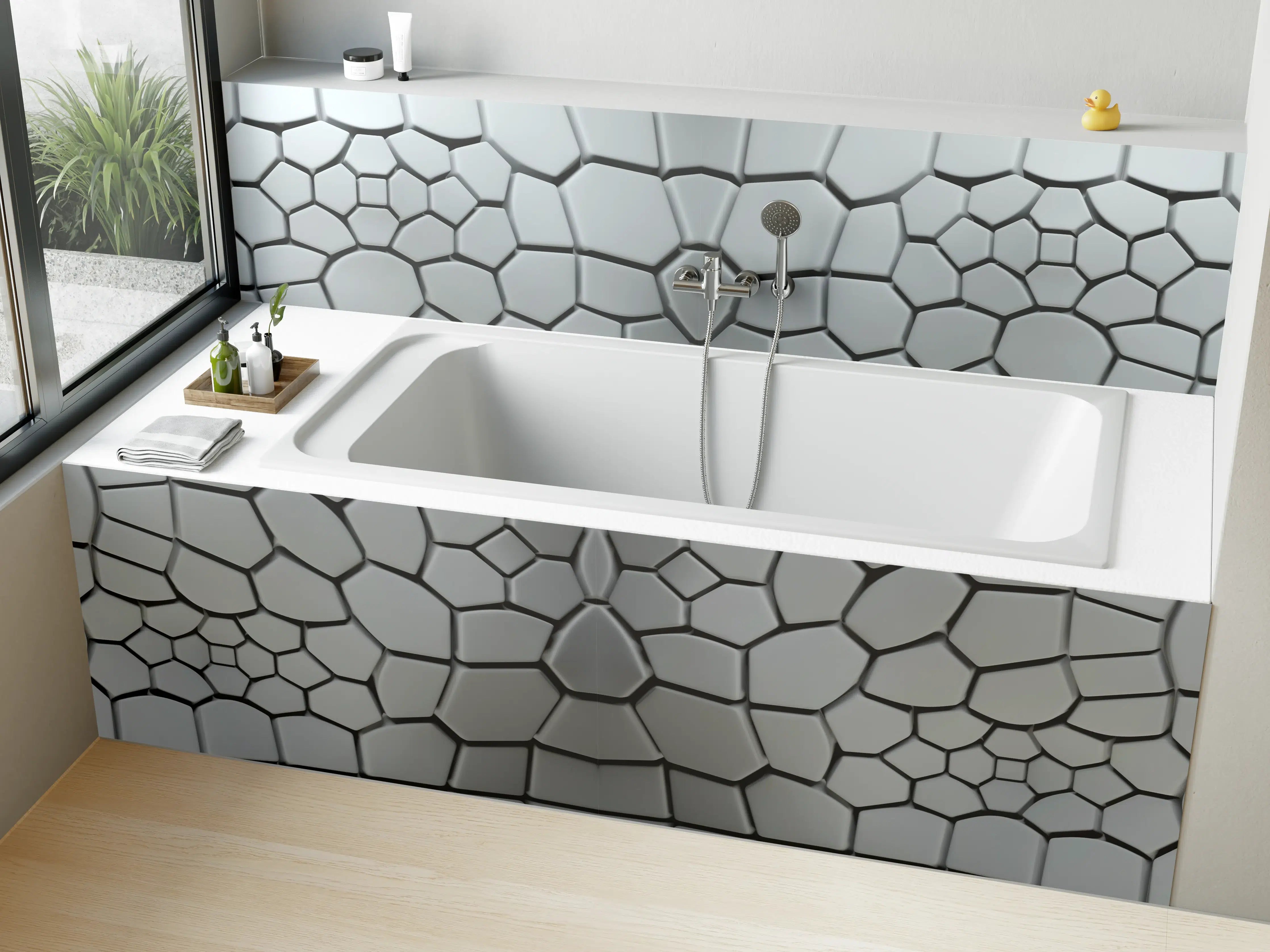 Badewannen-Rückwand - Moderne schwarze Mosaikfliesen mit geometrischem Muster