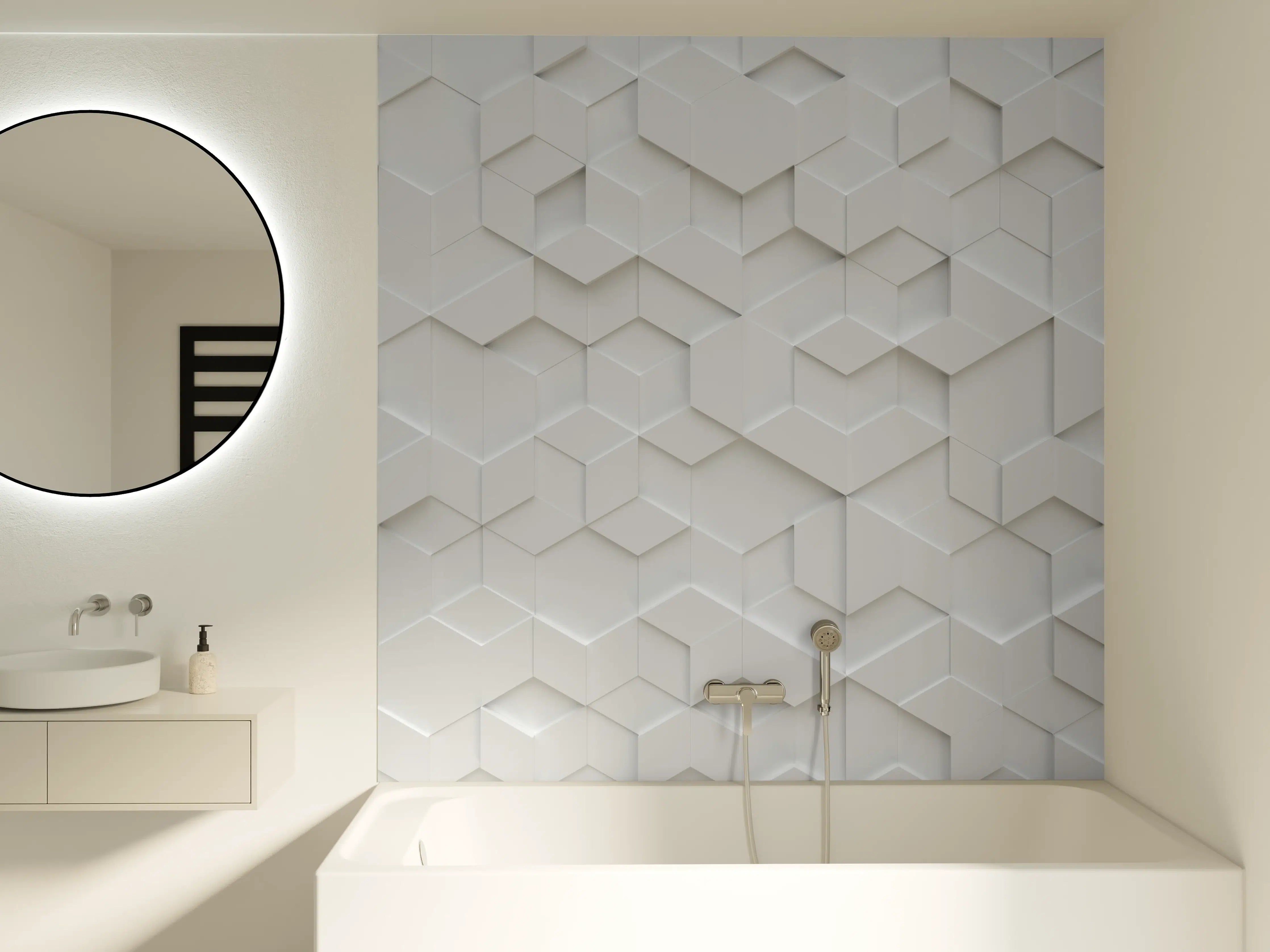 Badewannen-Rückwand - Moderne weiße 3D-Wand mit geometrischem Muster