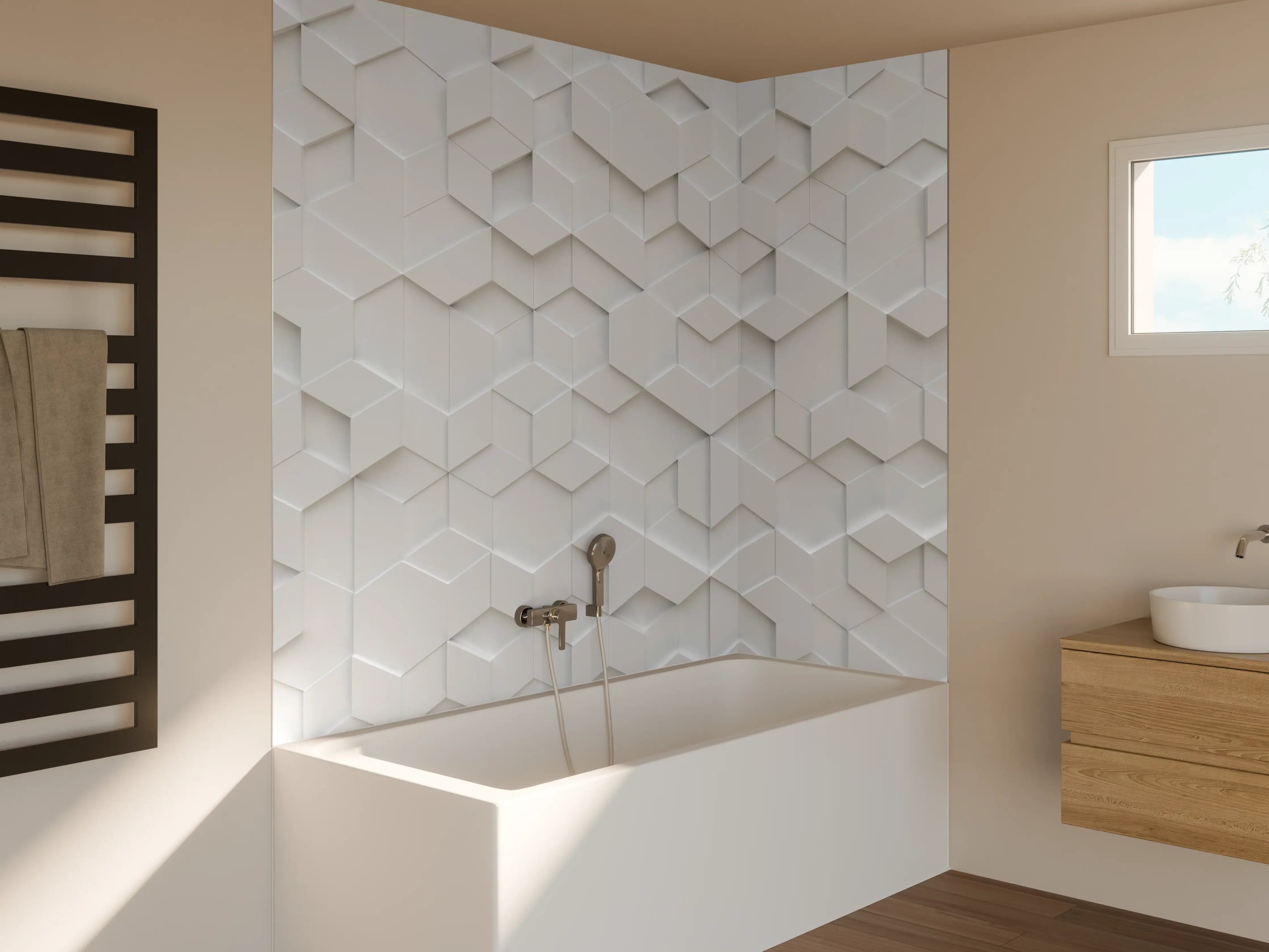 Badewannen-Rückwand - Moderne weiße 3D-Wand mit geometrischem Muster