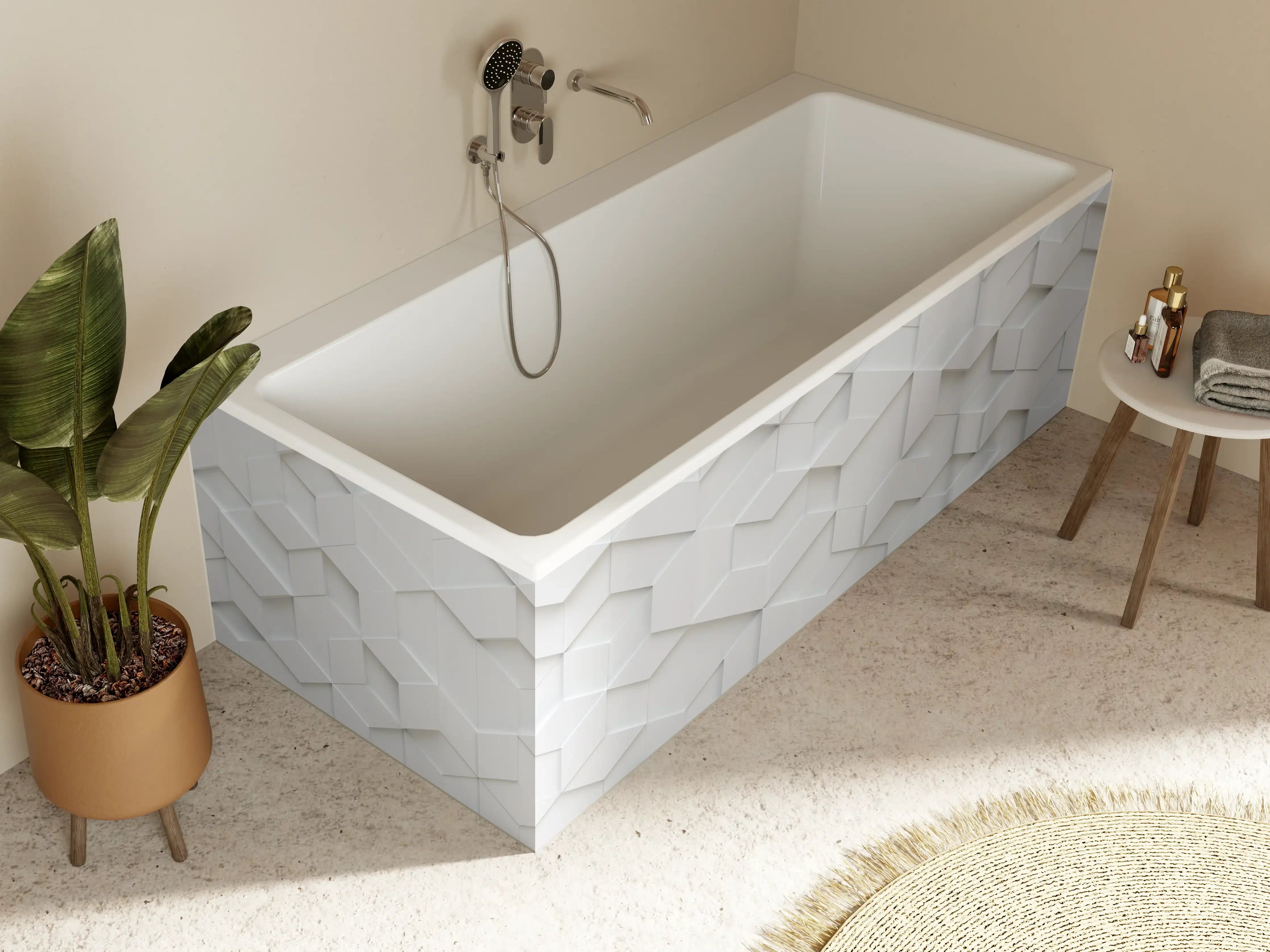 Badewannen-Rückwand - Moderne weiße 3D-Wand mit geometrischem Muster