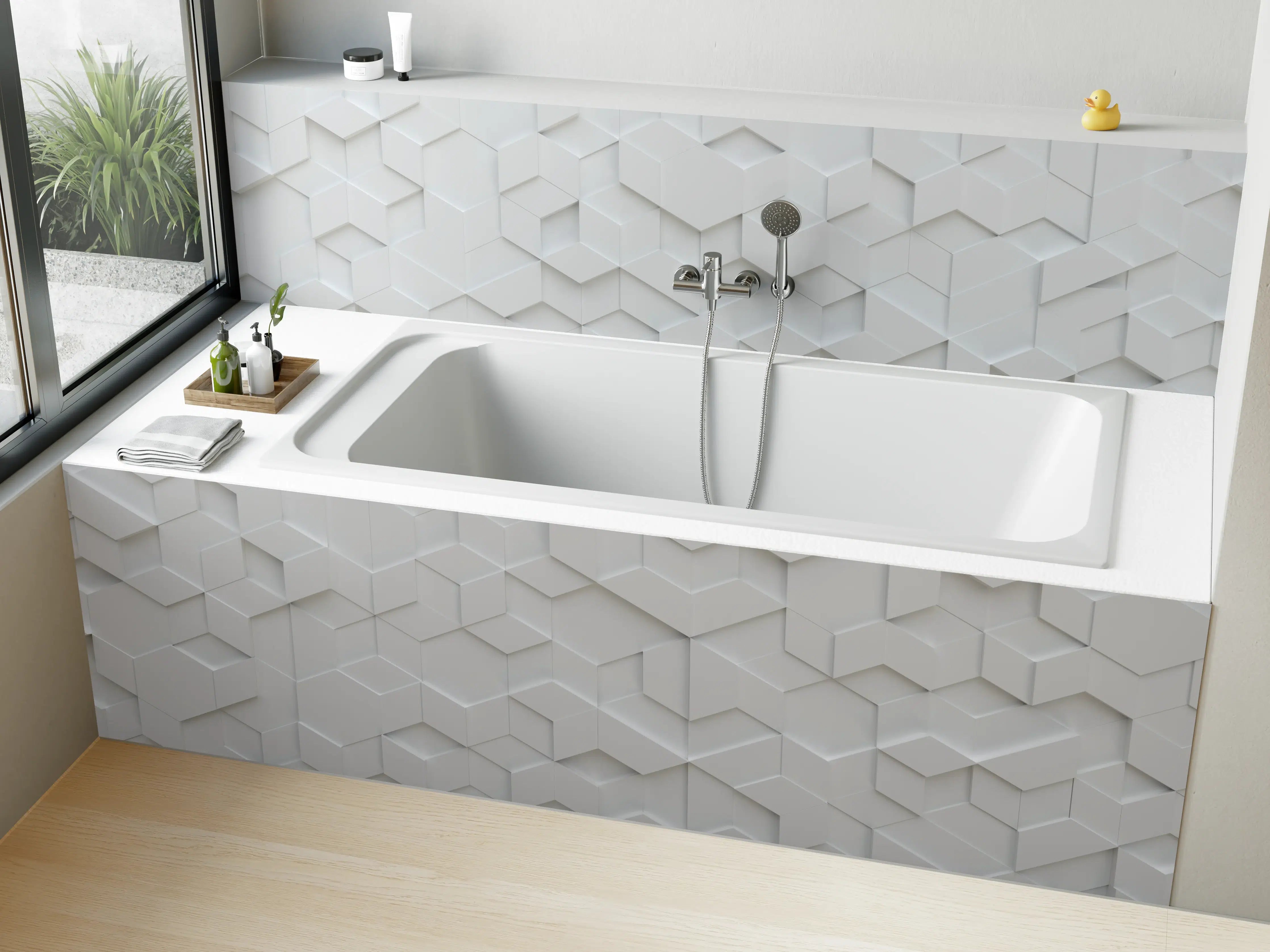 Badewannen-Rückwand - Moderne weiße 3D-Wand mit geometrischem Muster