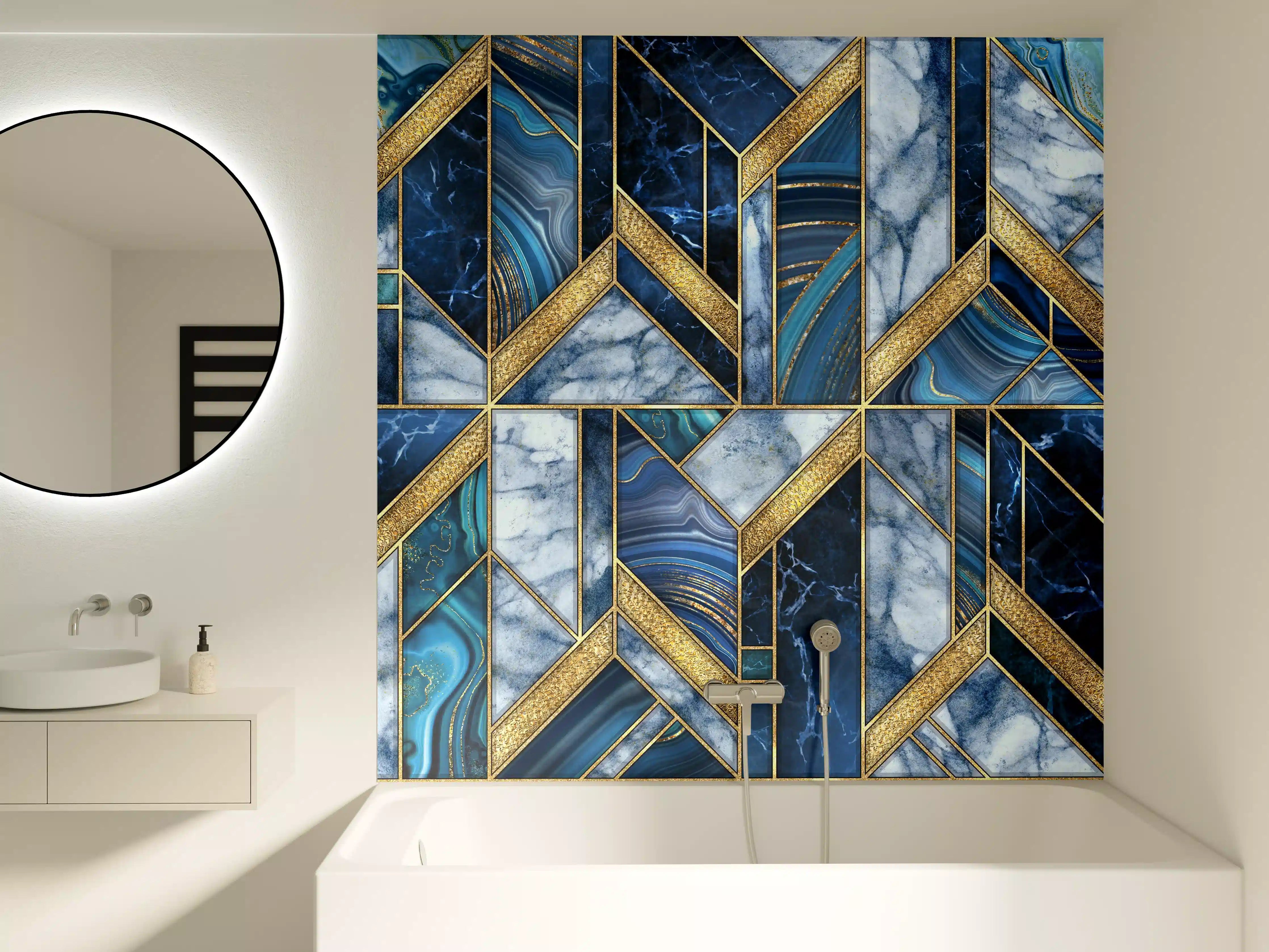 Badewannen-Rückwand - Modernes Blau-Gold Mosaik