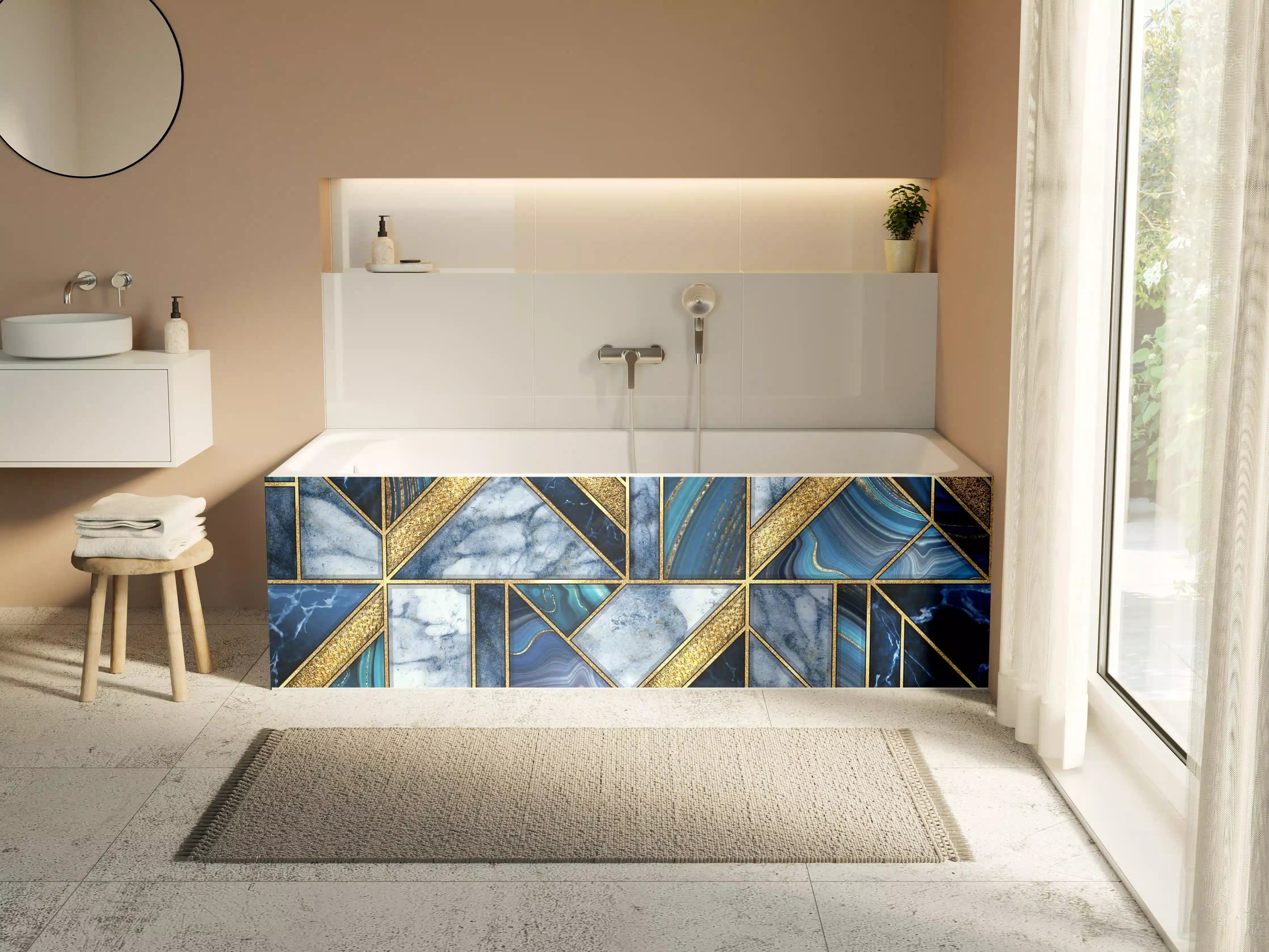 Badewannen-Rückwand - Modernes Blau-Gold Mosaik