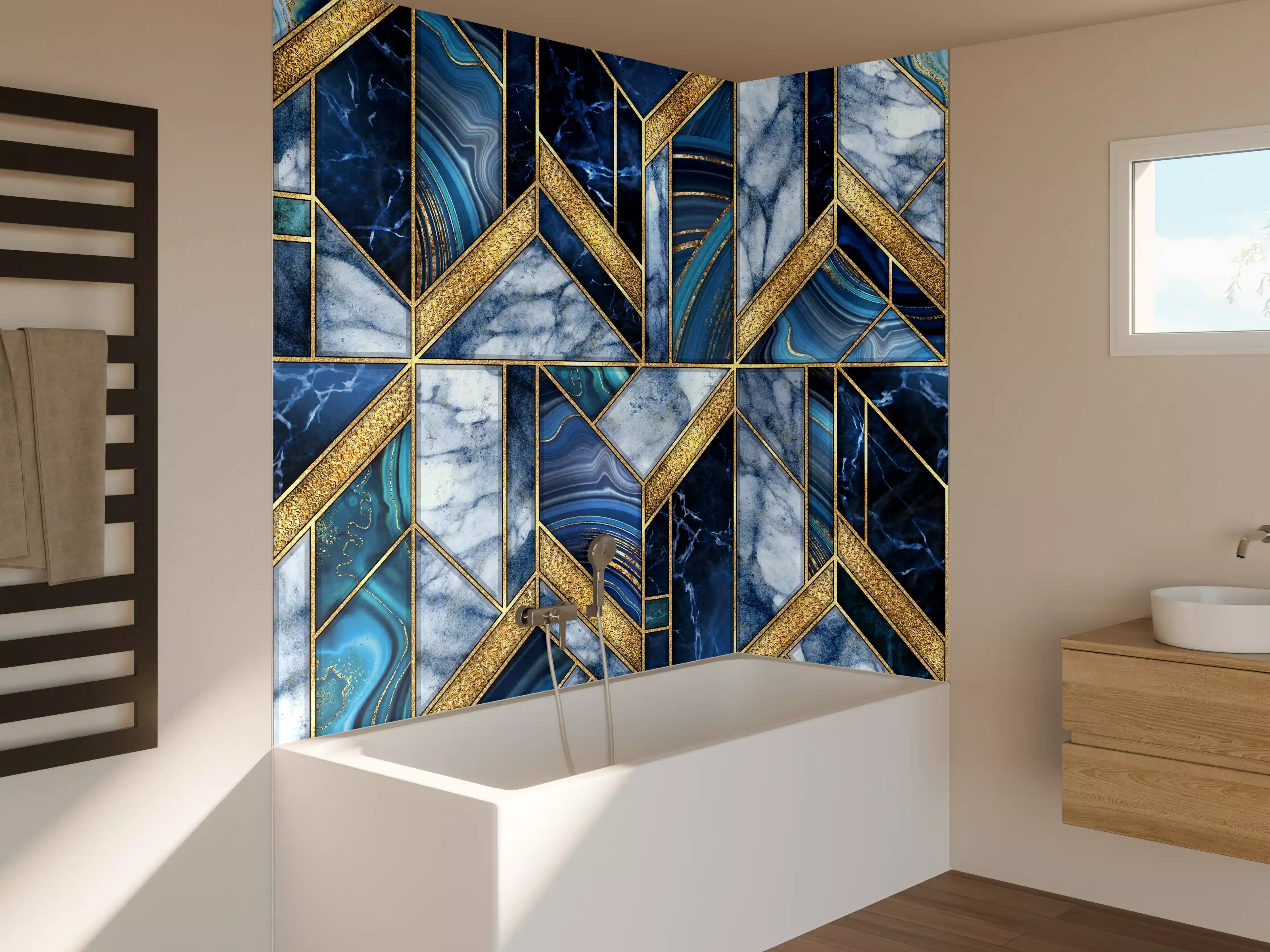 Badewannen-Rückwand - Modernes Blau-Gold Mosaik