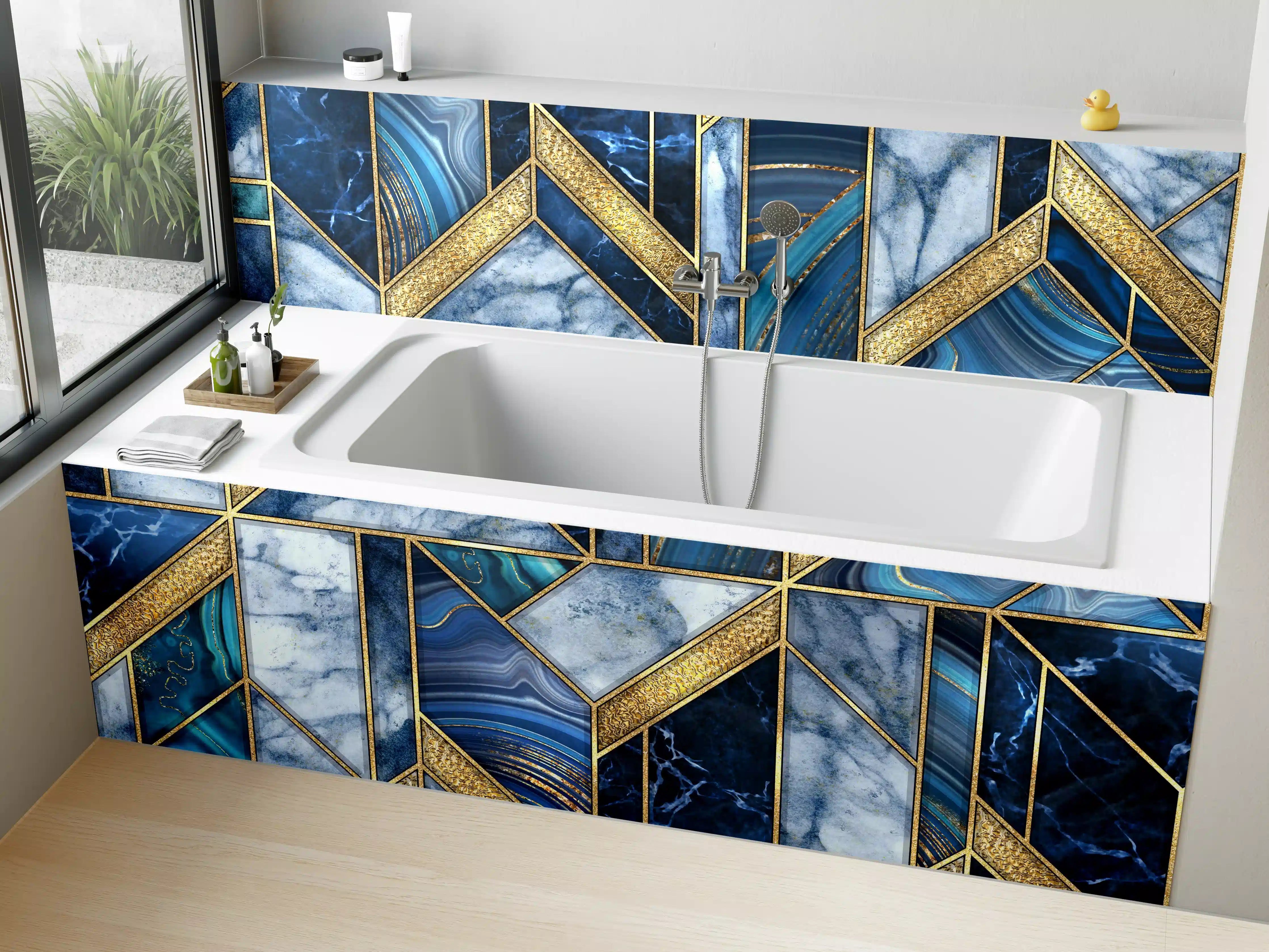 Badewannen-Rückwand - Modernes Blau-Gold Mosaik