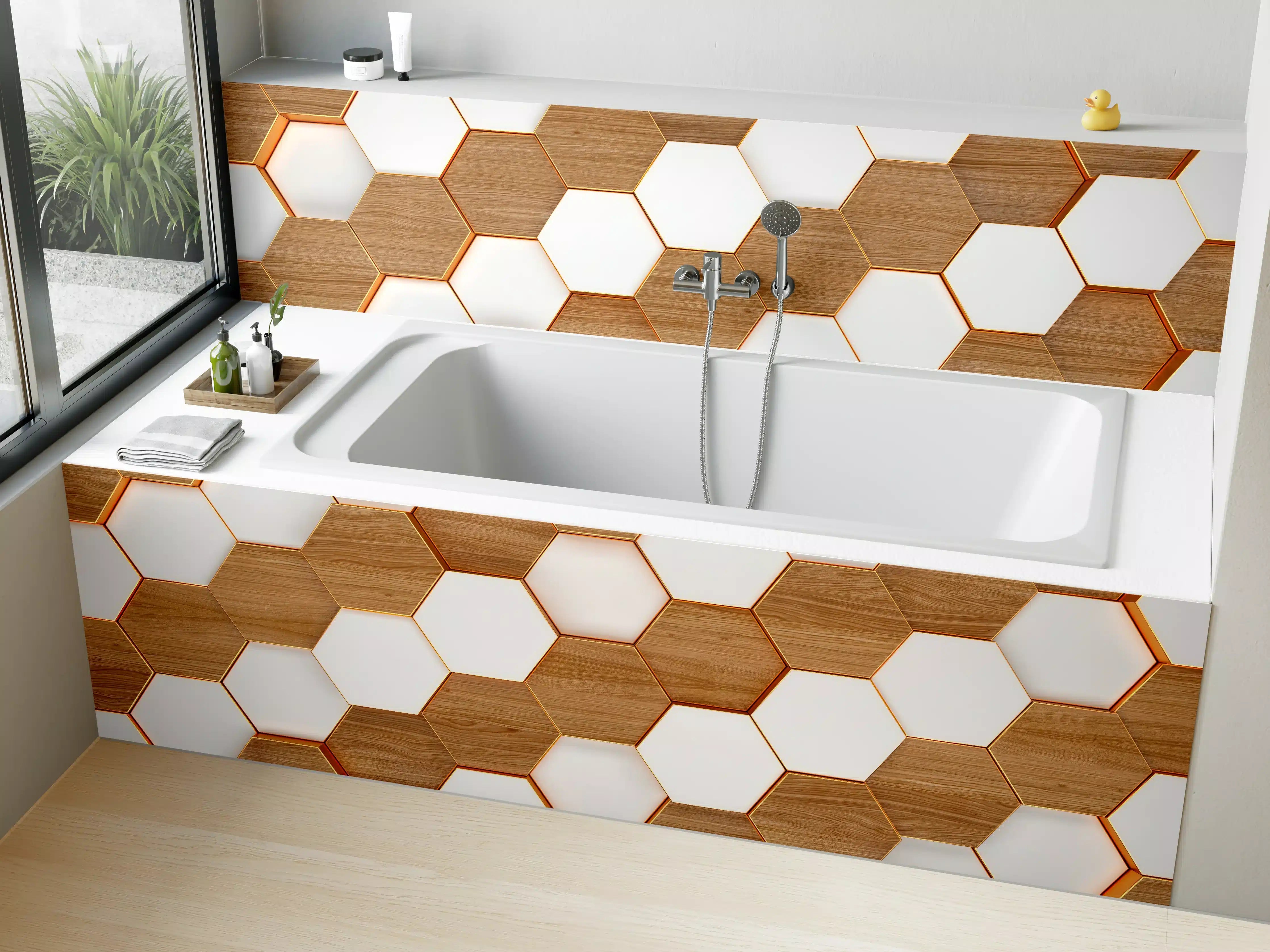 Badewannen-Rückwand - Modernes Hexagon Muster Weiß