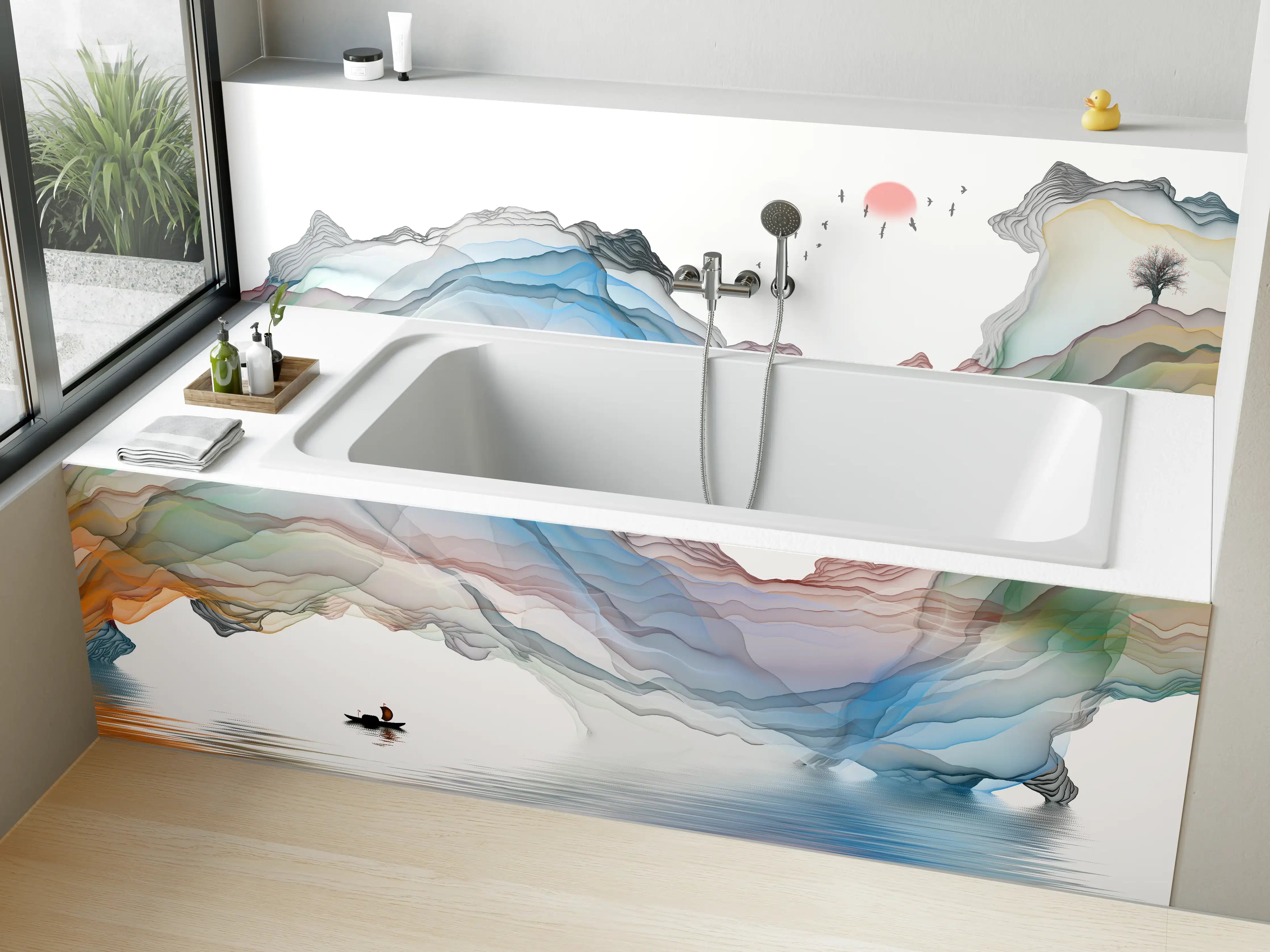 Badewannen-Rückwand - Modernes Wasserfarben Gemälde Boot Vögel See