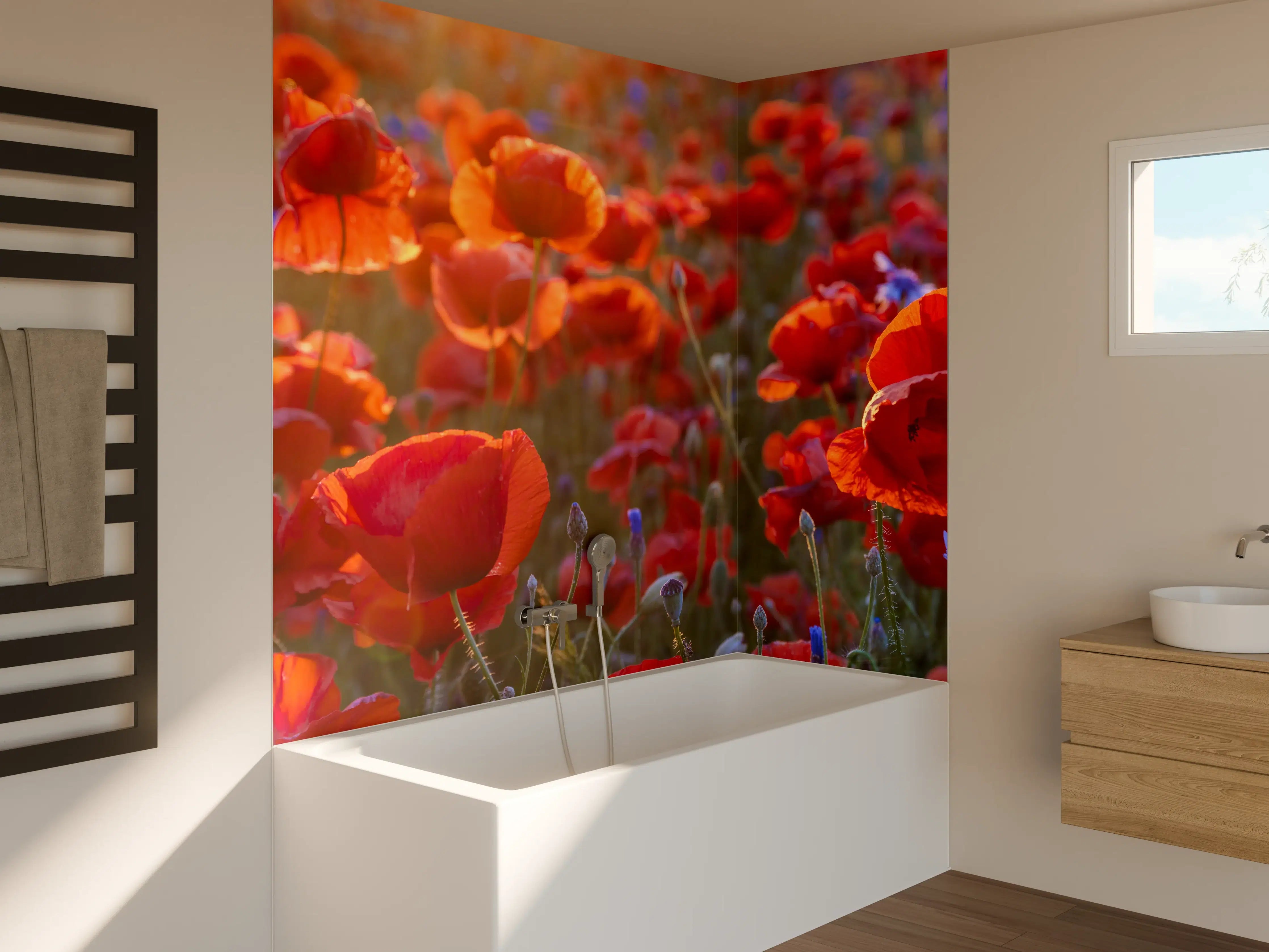 Badewannen-Rückwand - Mohnwiese im Licht der untergehenden Sonne