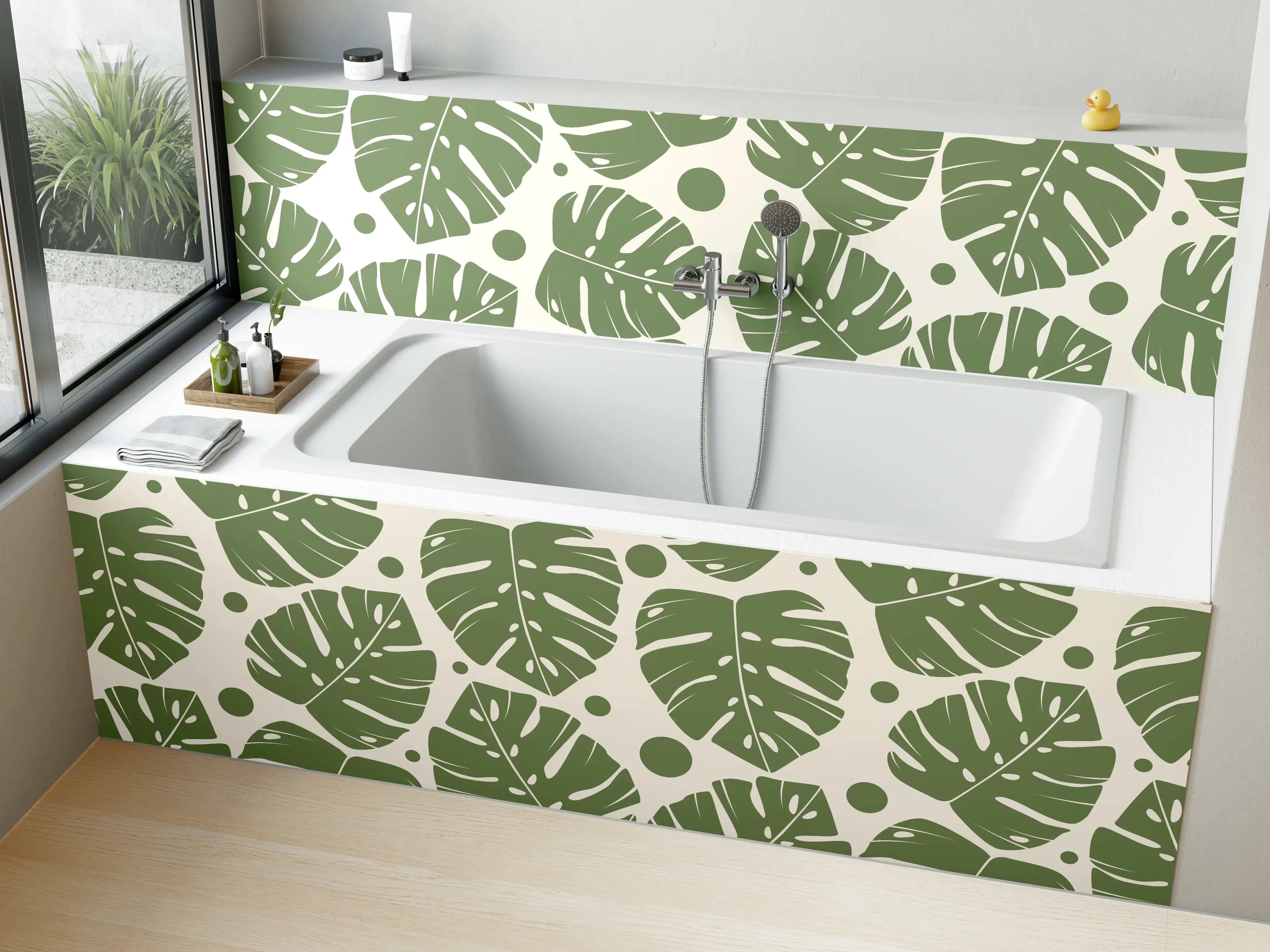 Badewannen-Rückwand - Monstera-Blätter Cremegrün