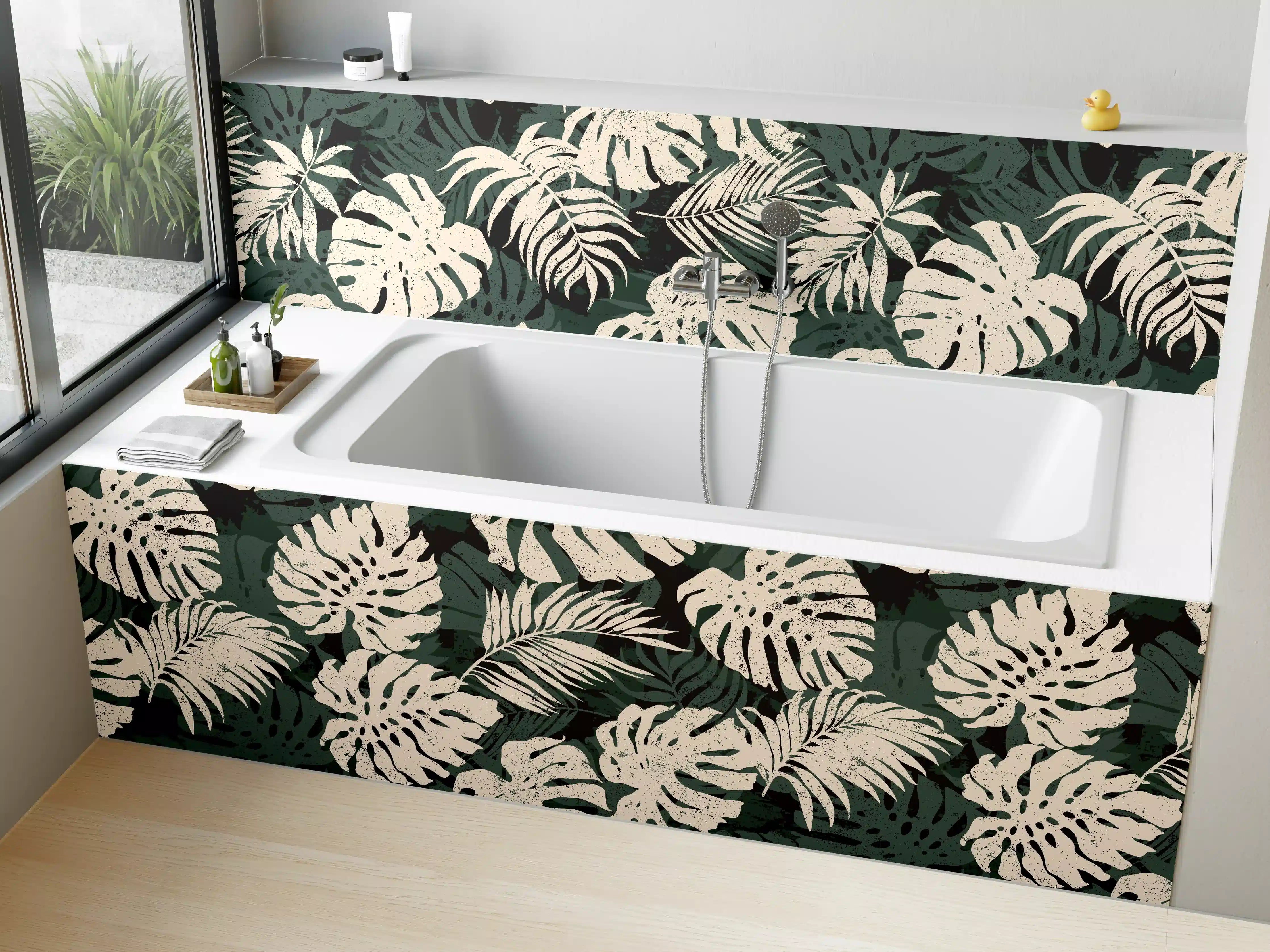 Badewannen-Rückwand - Monstera Blattmuster Grün-Beige
