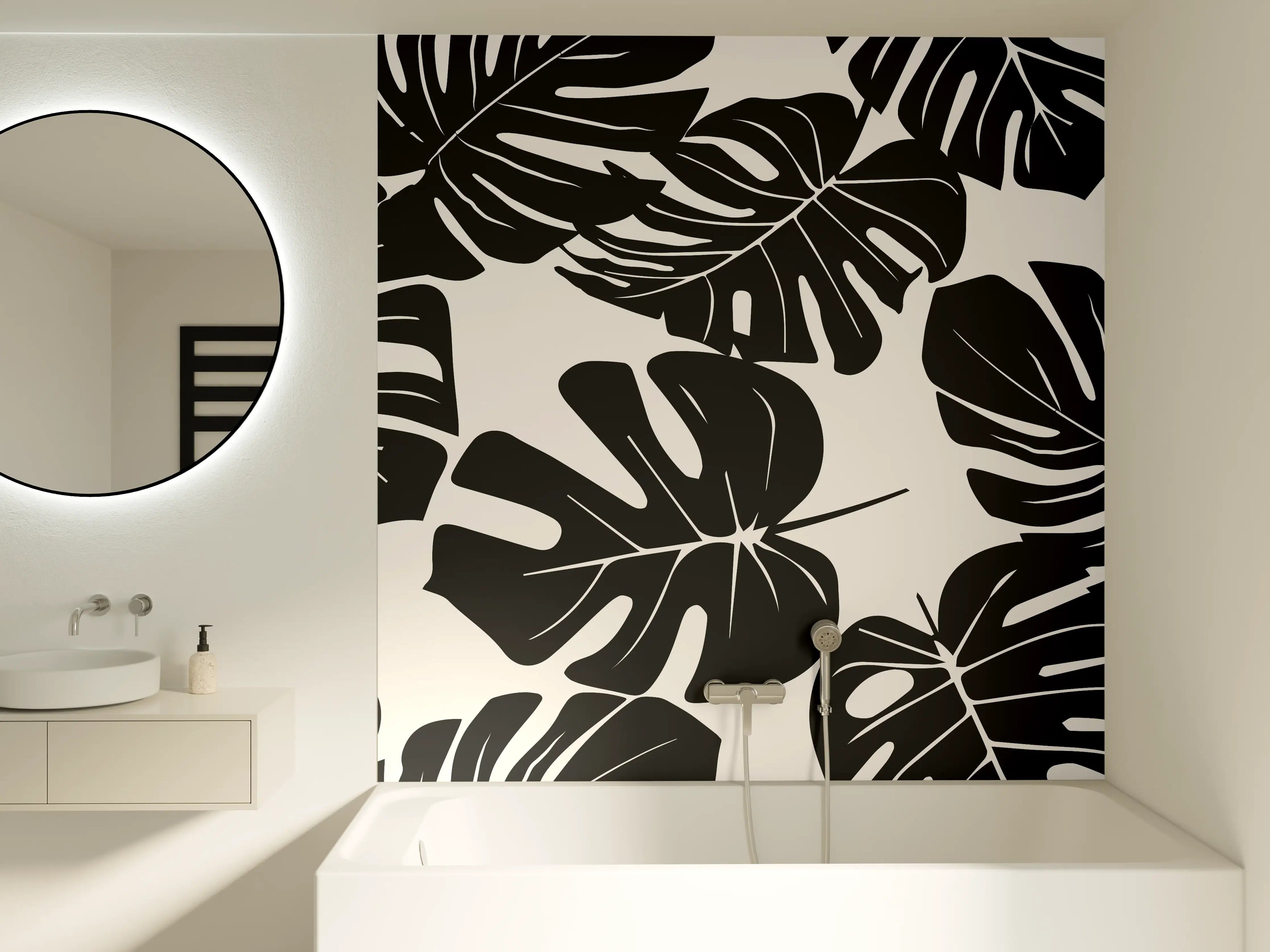 Badewannen-Rückwand - Monstera Schwarz-Beige Muster