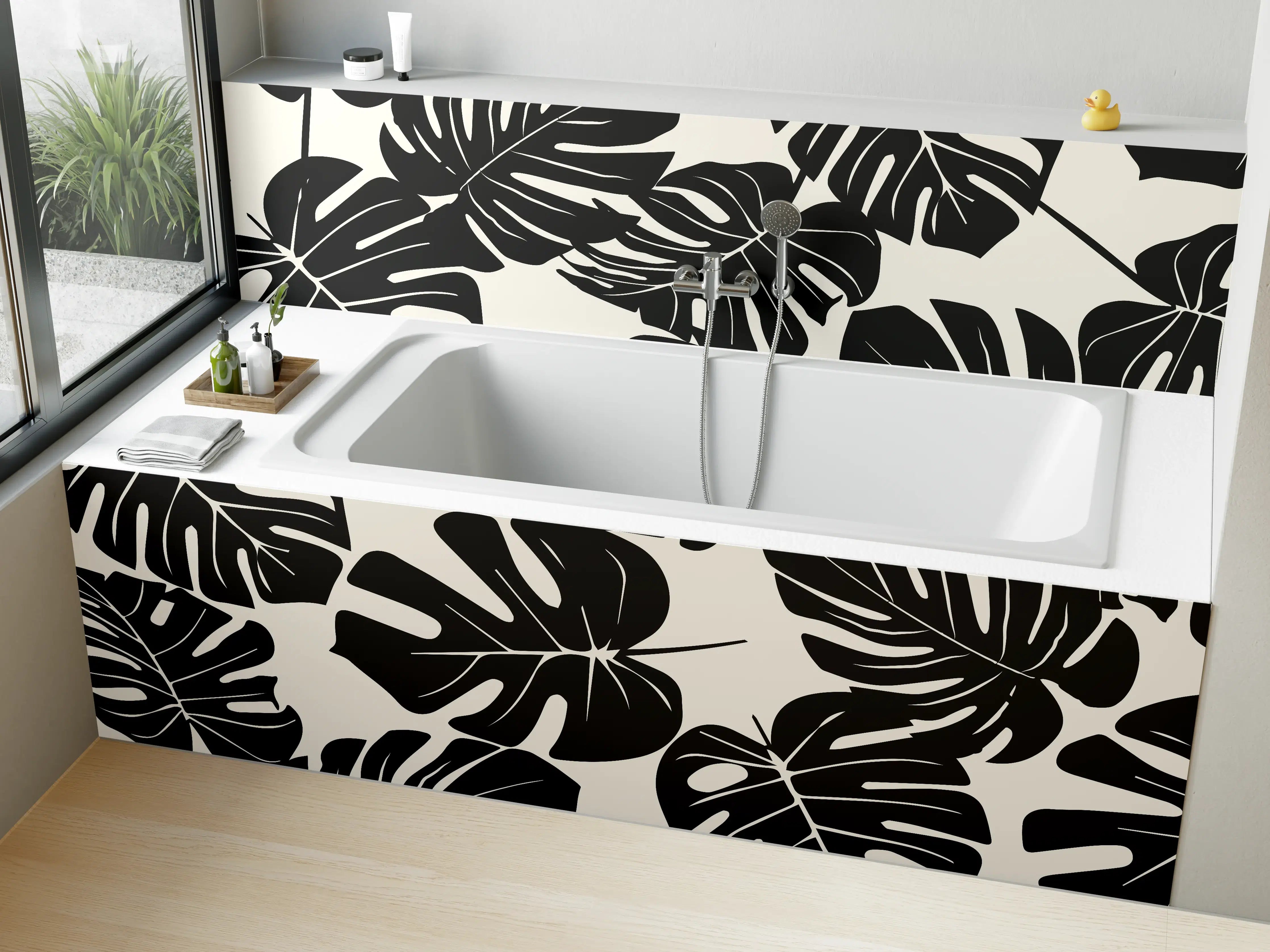 Badewannen-Rückwand - Monstera Schwarz-Beige Muster