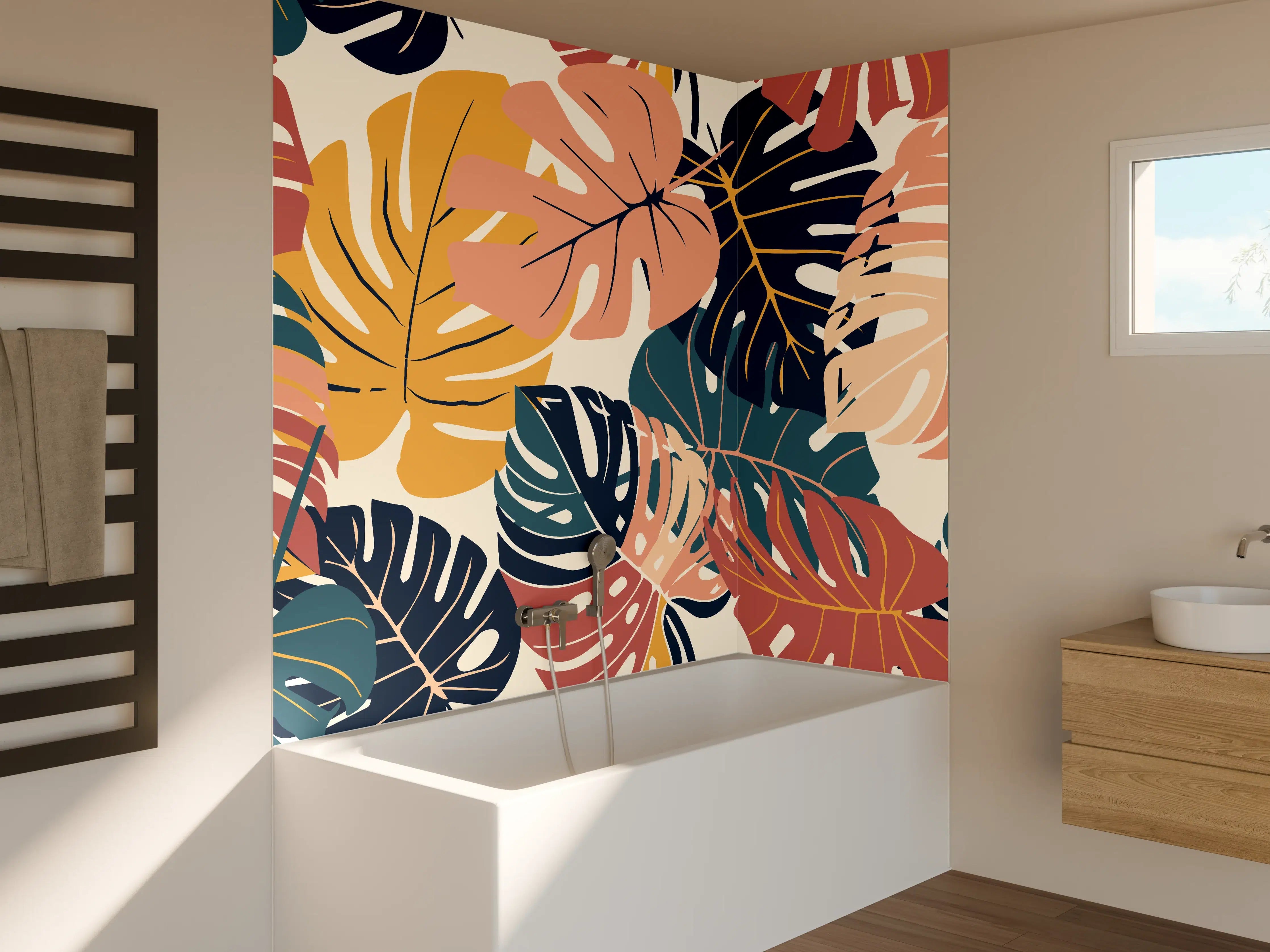 Badewannen-Rückwand - Monstera Tropic Koralle Türkis