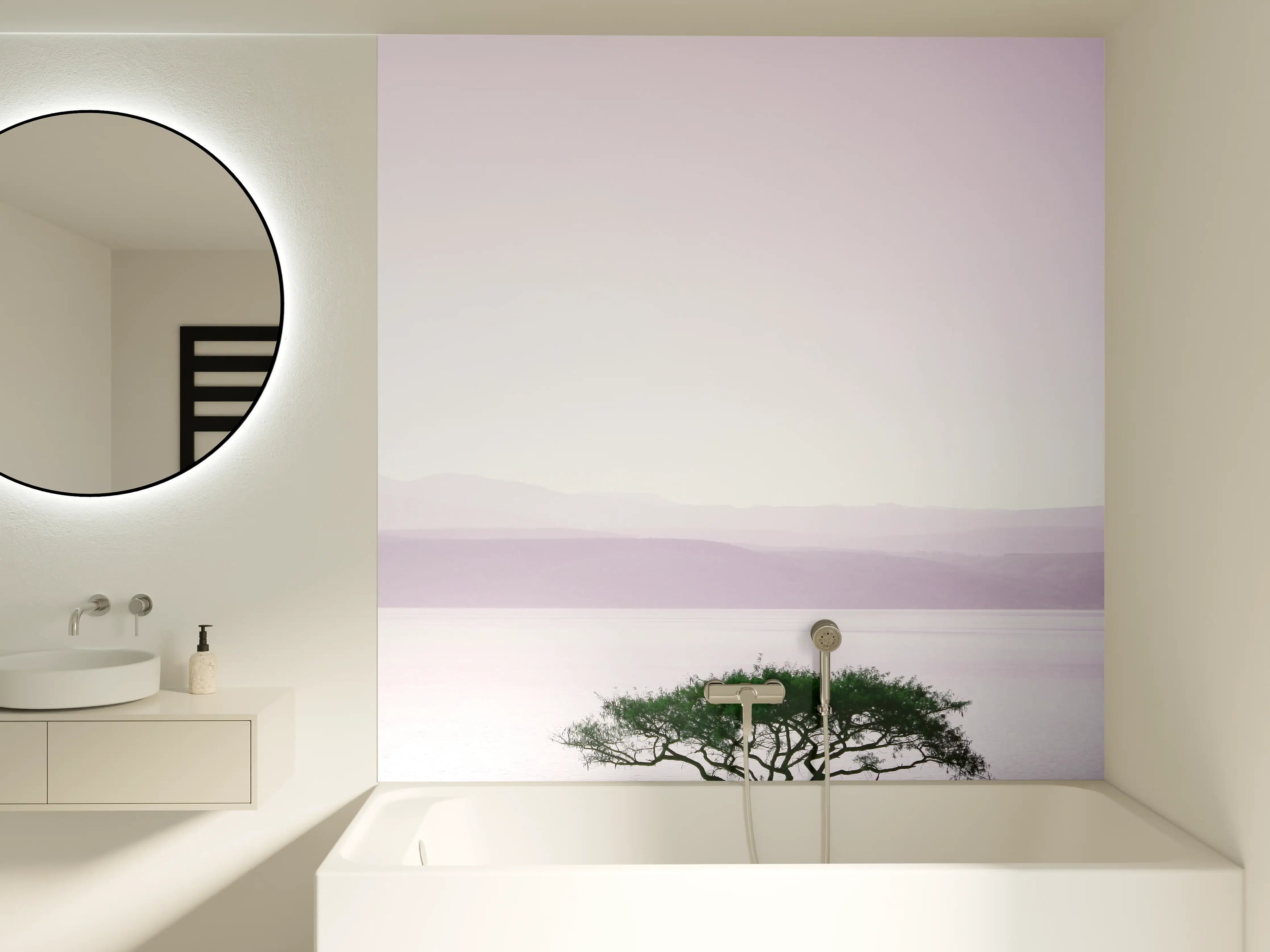 Badewannen-Rückwand - Morgendämmerung mit Baum und Meer