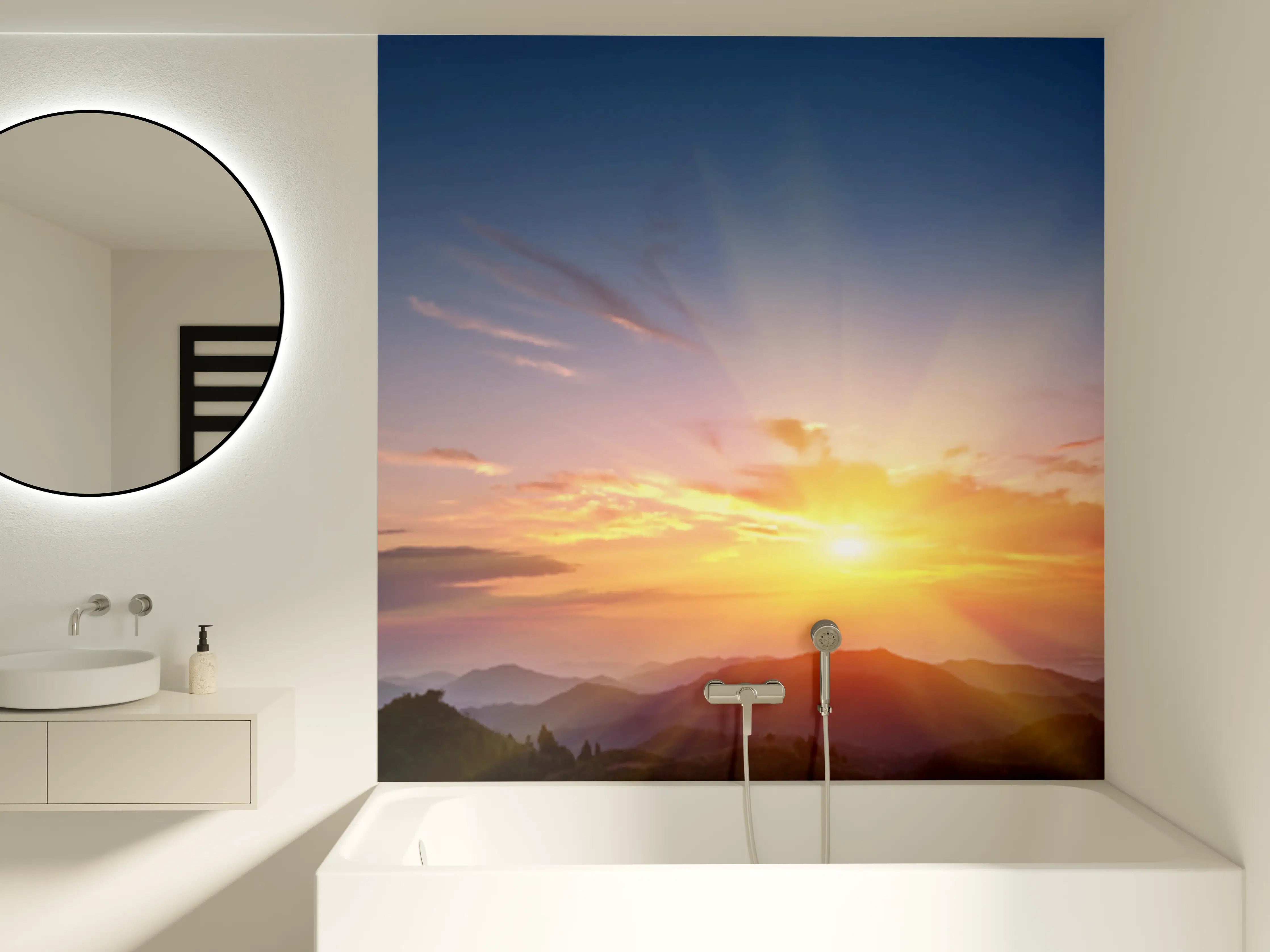 Badewannen-Rückwand - Morgendämmerung über Berglandschaft