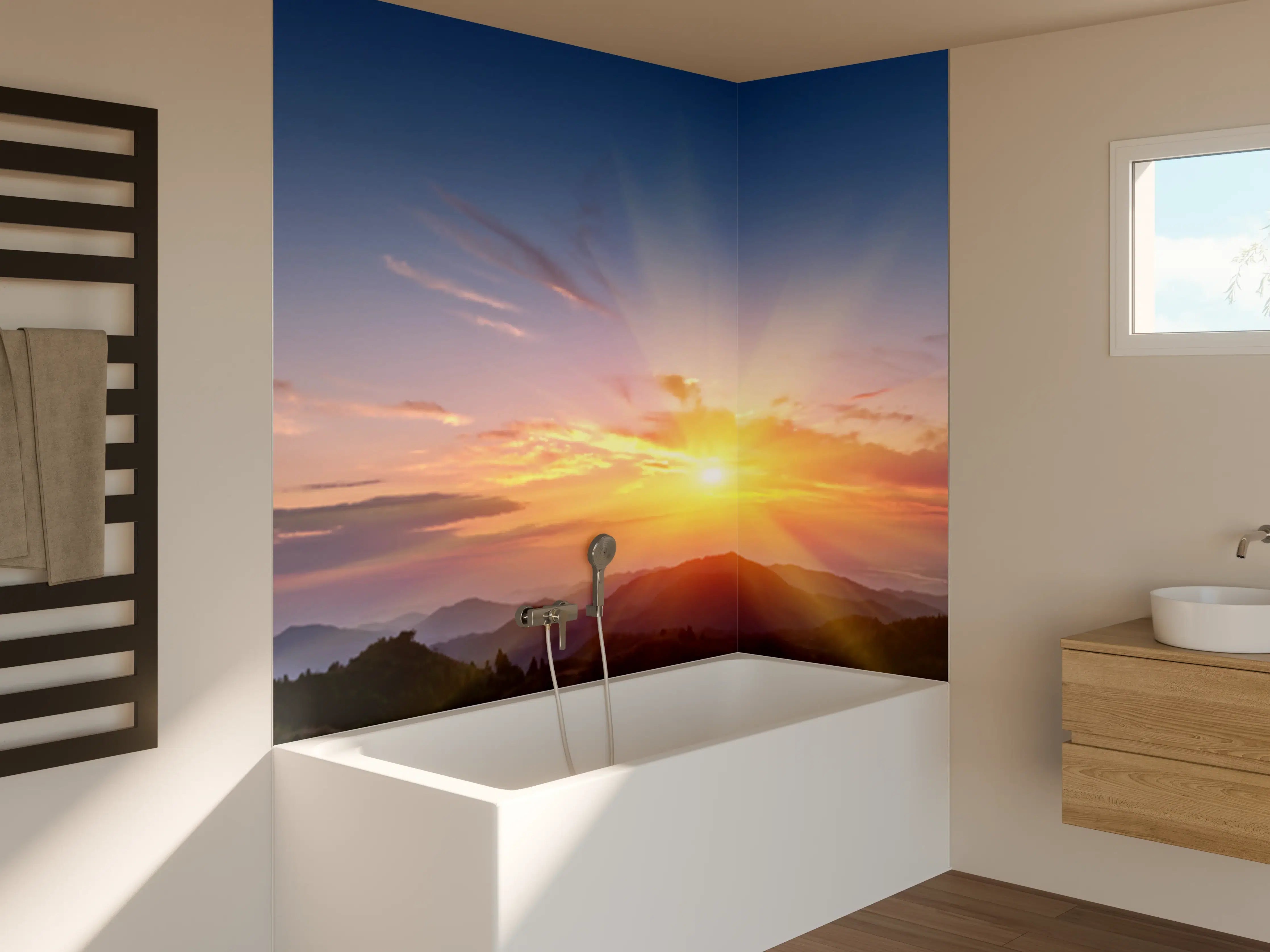 Badewannen-Rückwand - Morgendämmerung über Berglandschaft