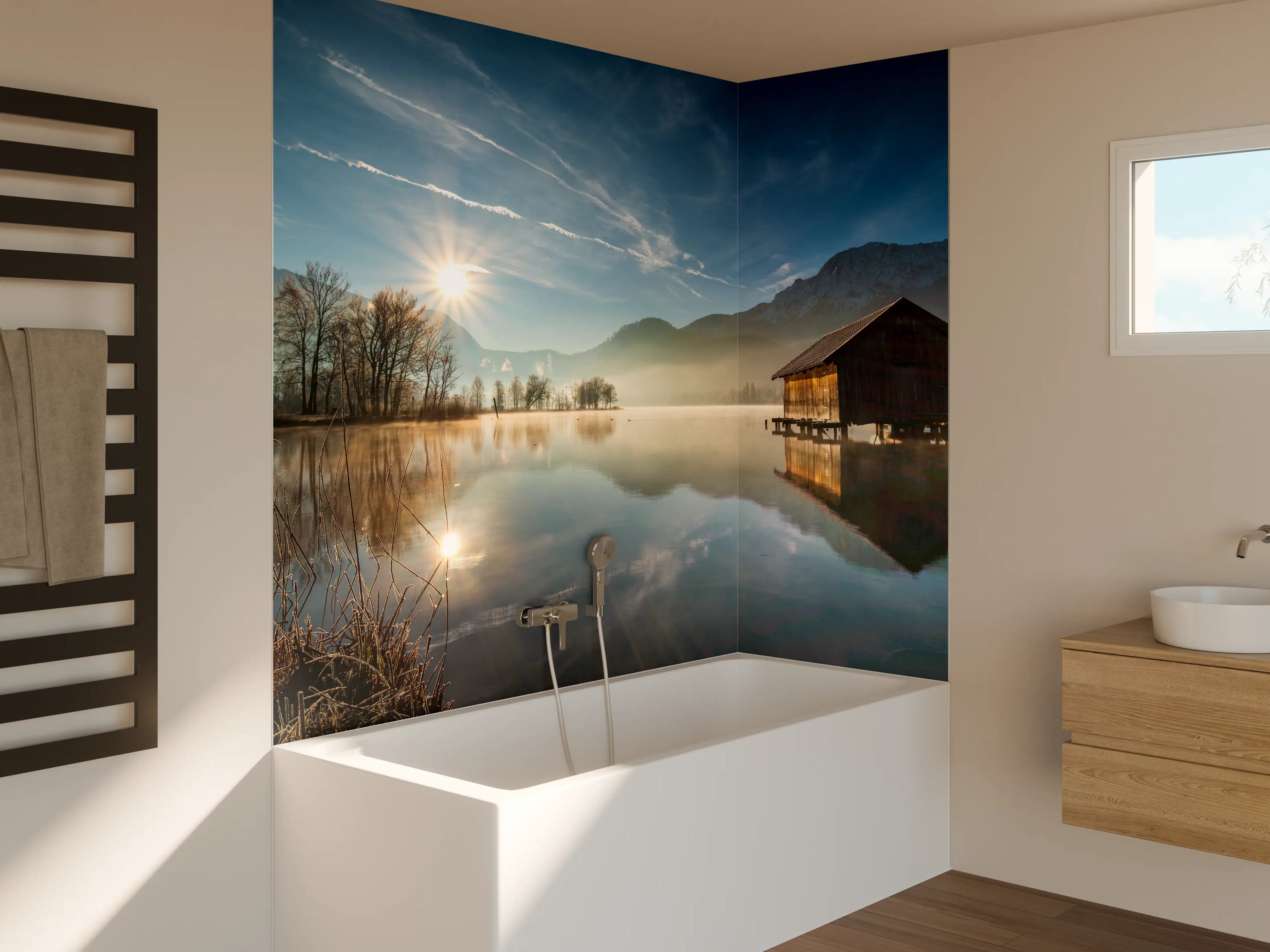 Badewannen-Rückwand - Morgensonnenblick über Bayerischen Kochelsee