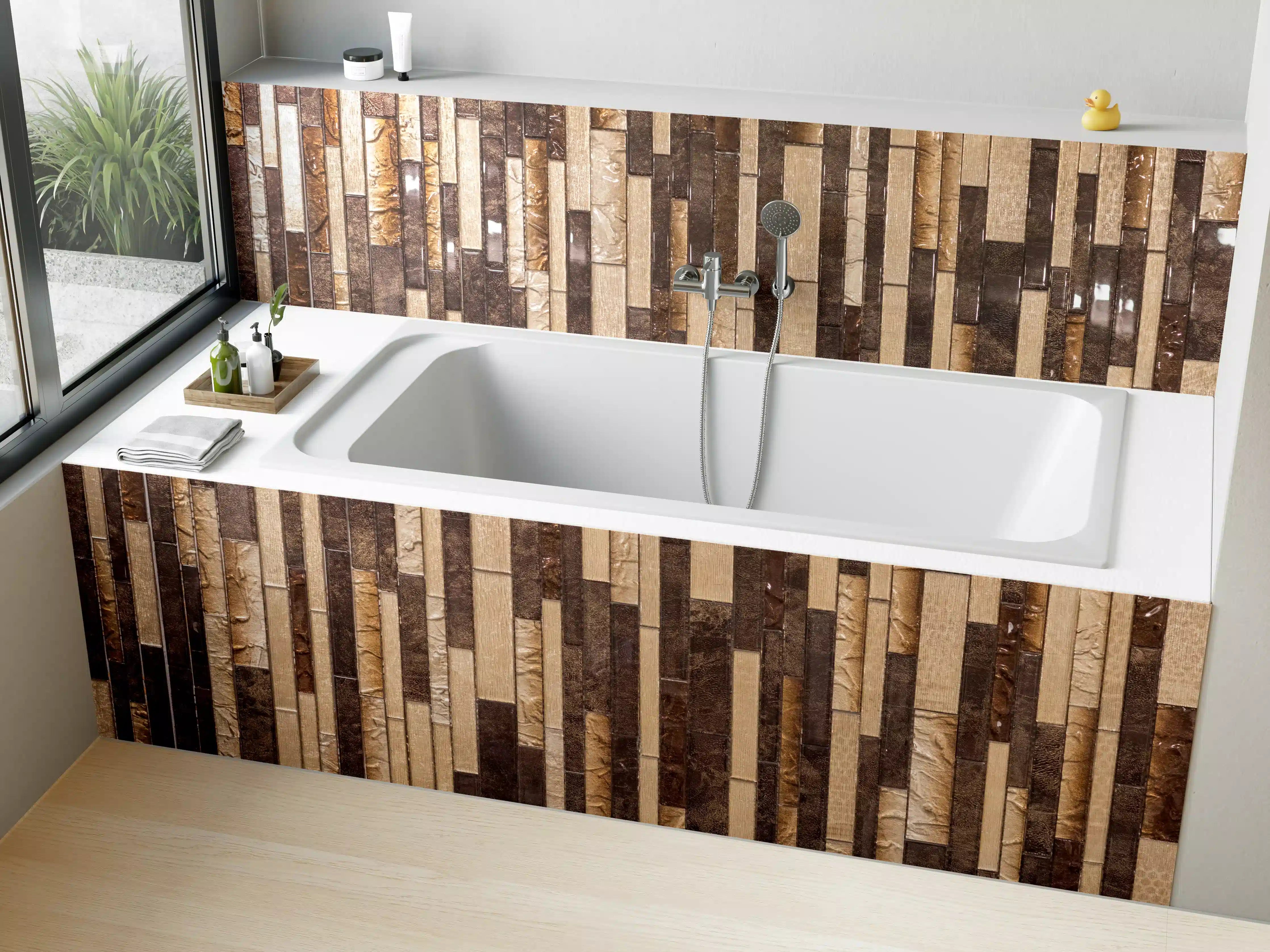 Badewannen-Rückwand - Mosaik Holzoptik Braun Beige