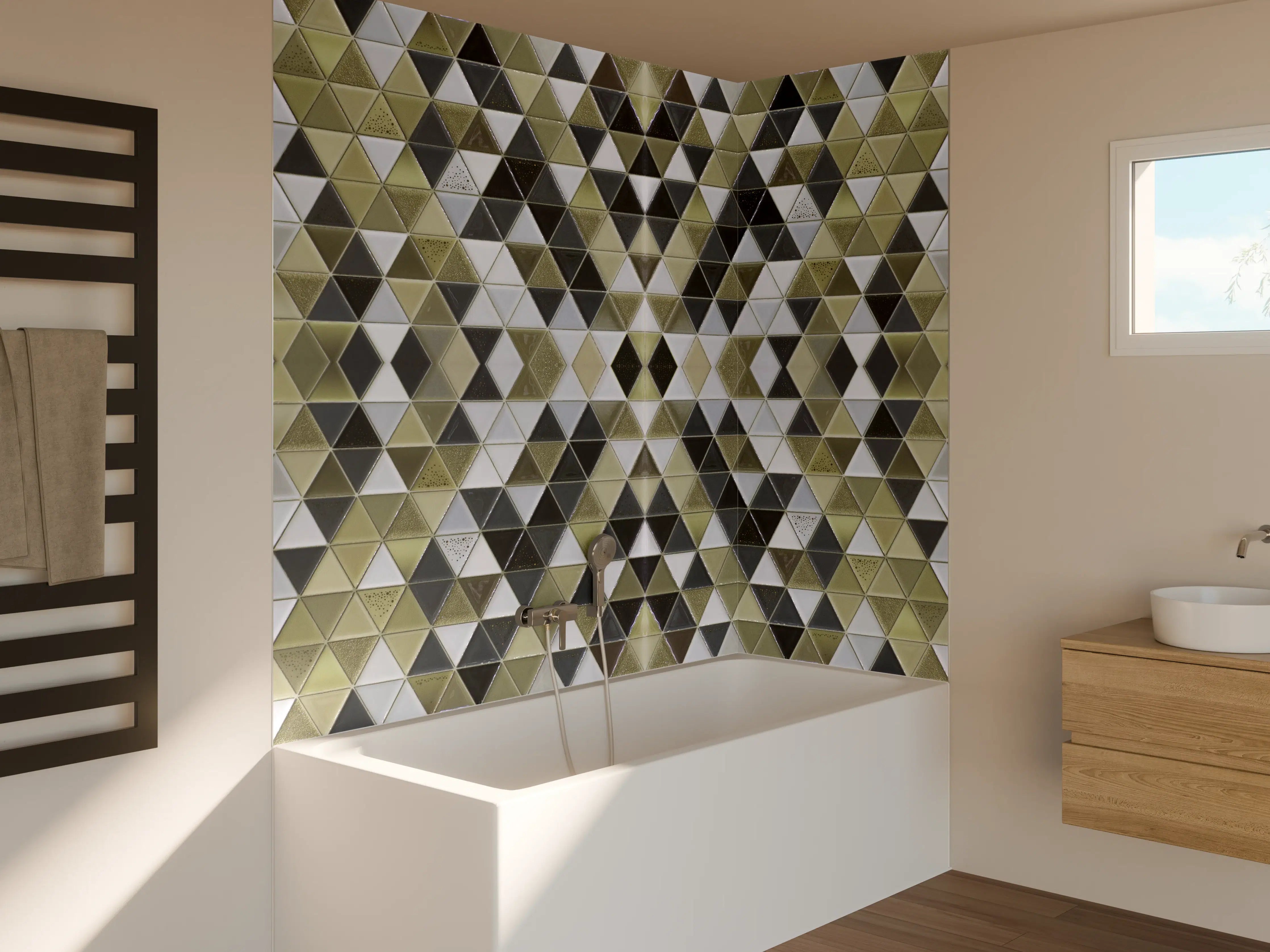 Badewannen-Rückwand - Mosaikfliesen in Grau-Beige-Schwarz-Design